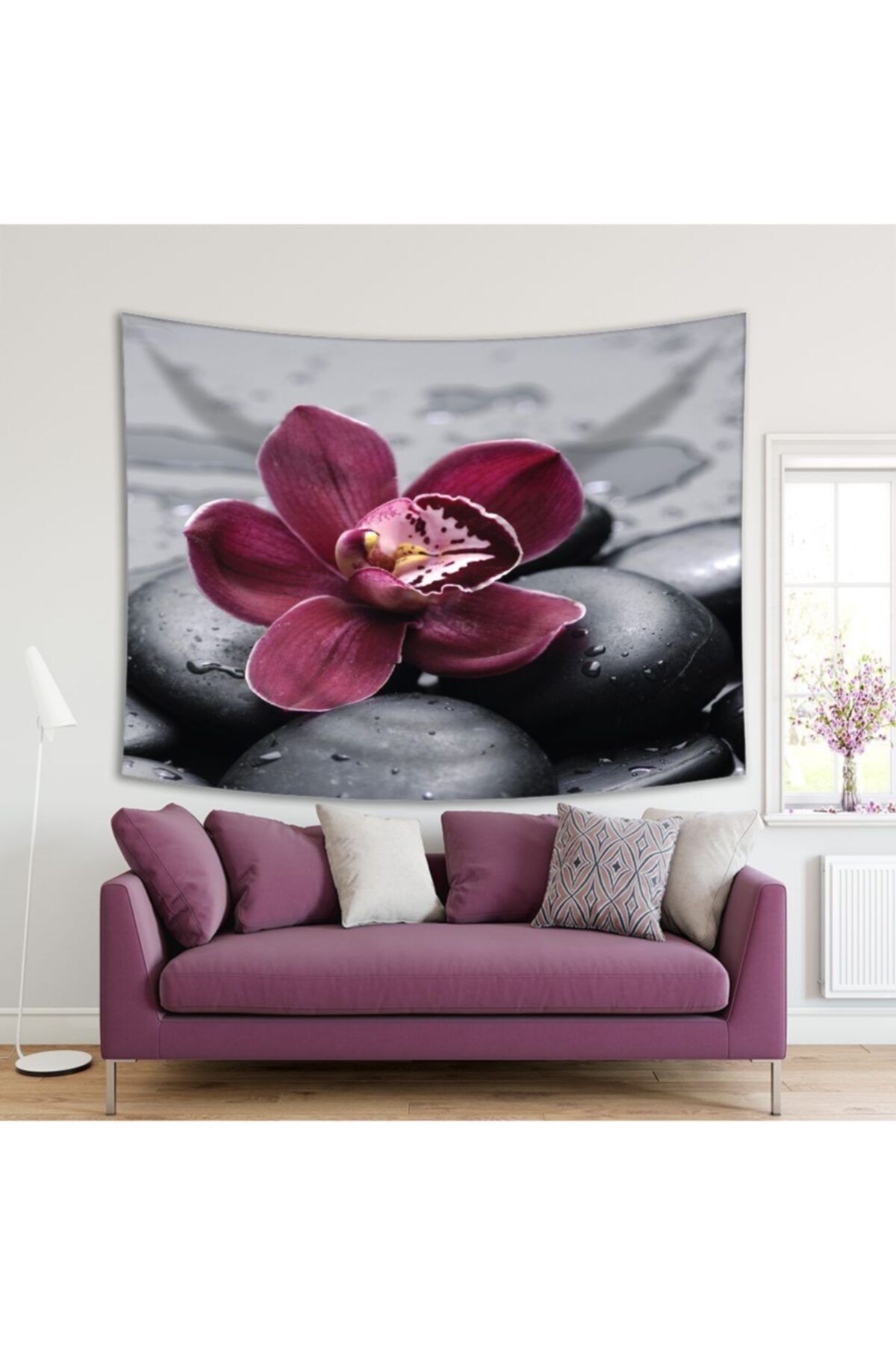 Henge Home Baskılı Duvar Örtüsü Spa Taşı Orkide Desenli Siyah Bordo