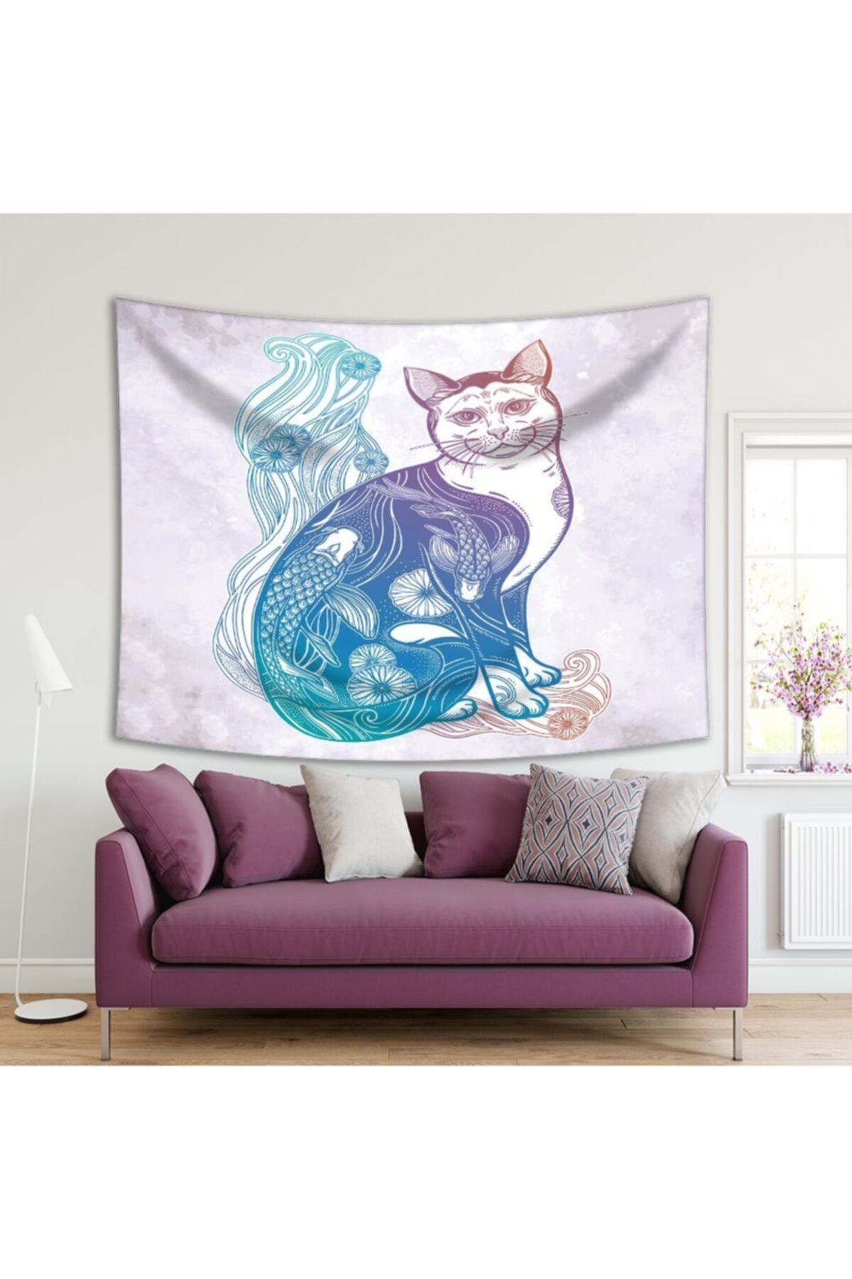 Henge Home Baskılı Duvar Örtüsü Çiçek Balık Kedi Gövde Desenli Çok Renkli