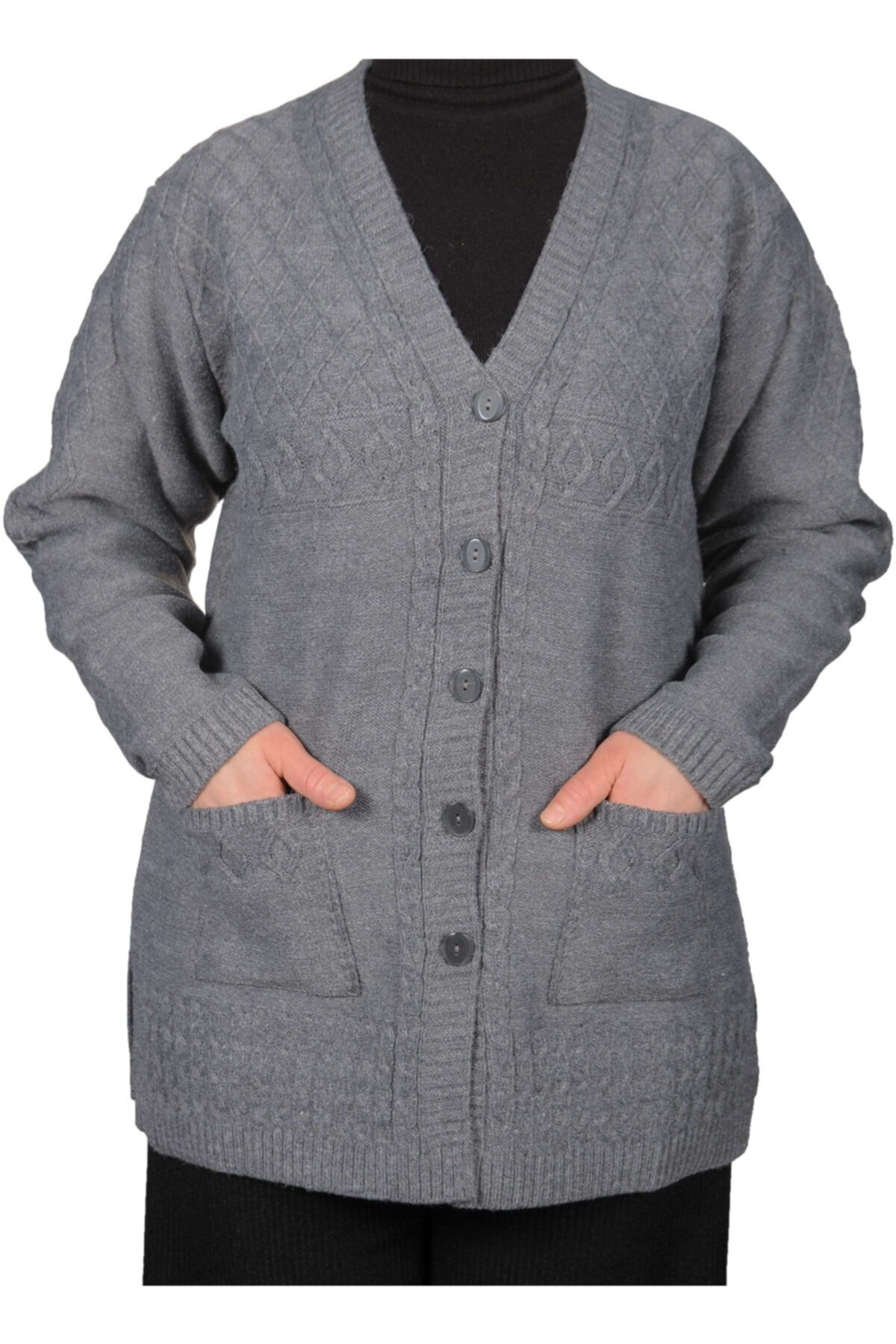 Fresh&Moda Kadın Gri Düğmeli Kısa Hırka