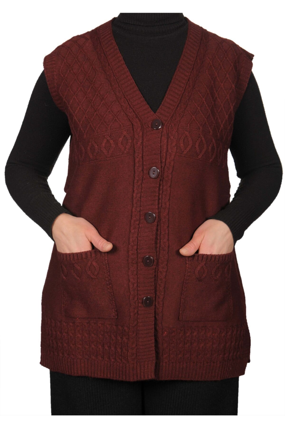 Fresh&Moda Kadın Bordo Düğmeli Yelek
