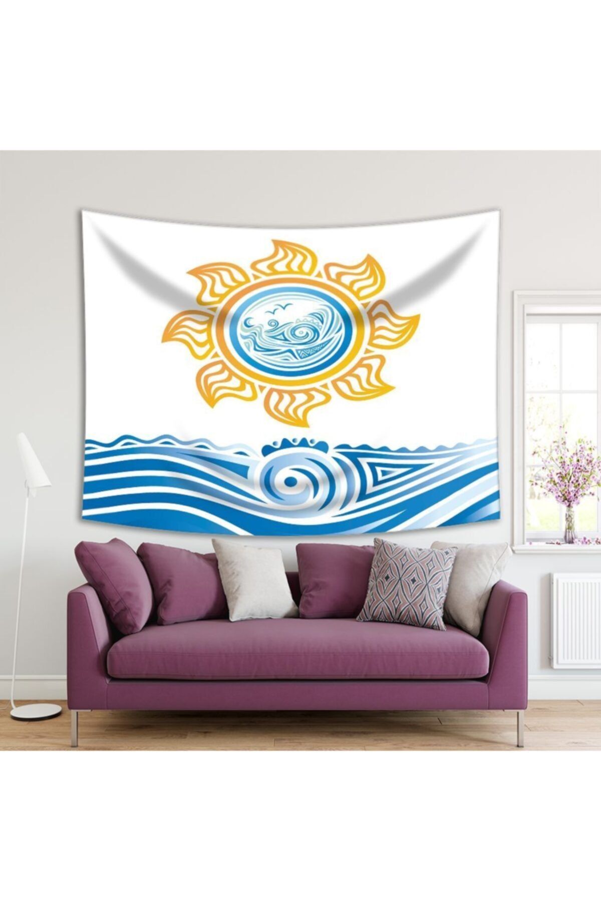 Henge Home Baskılı Duvar Örtüsü Deniz Gökyüzü Dalgalı Dekoratif Desenli