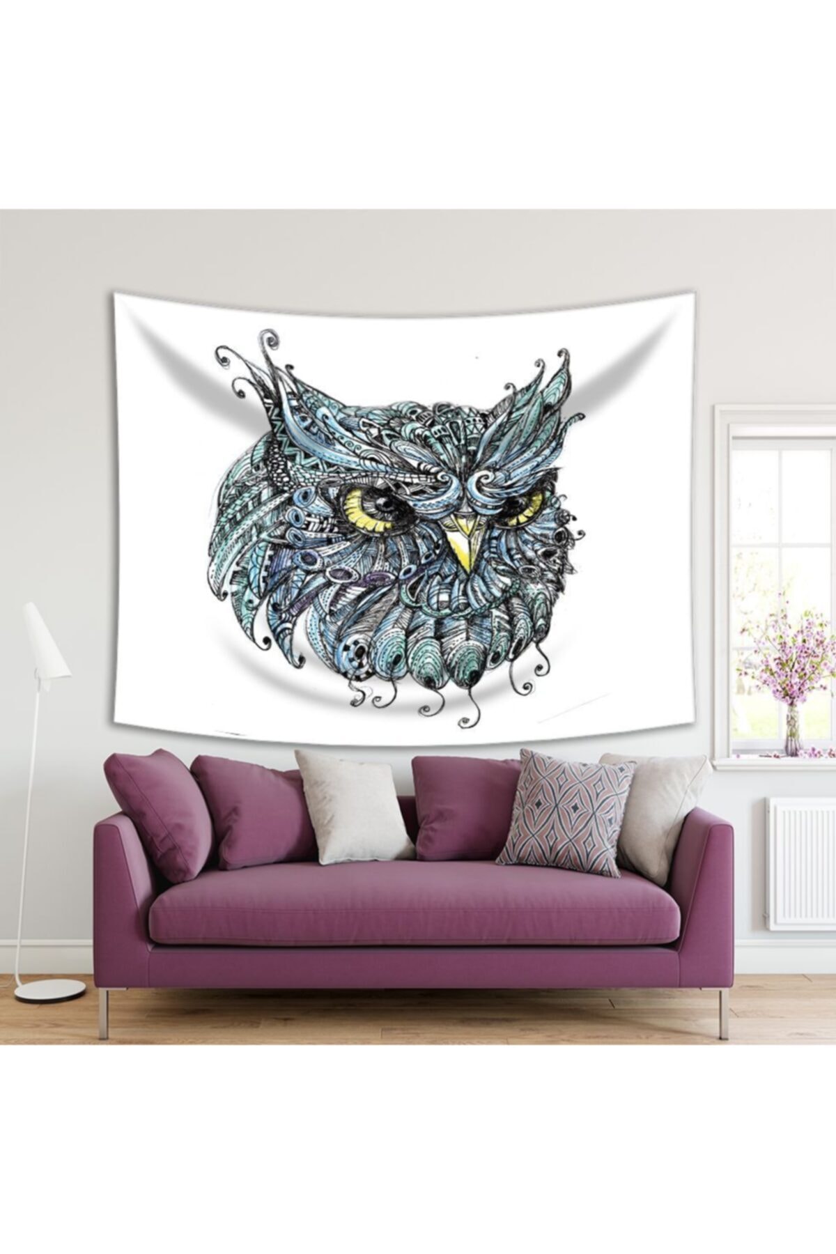 Henge Home Baskılı Duvar Örtüsü El Karalama Baykuş Kafa Desenli Mavi