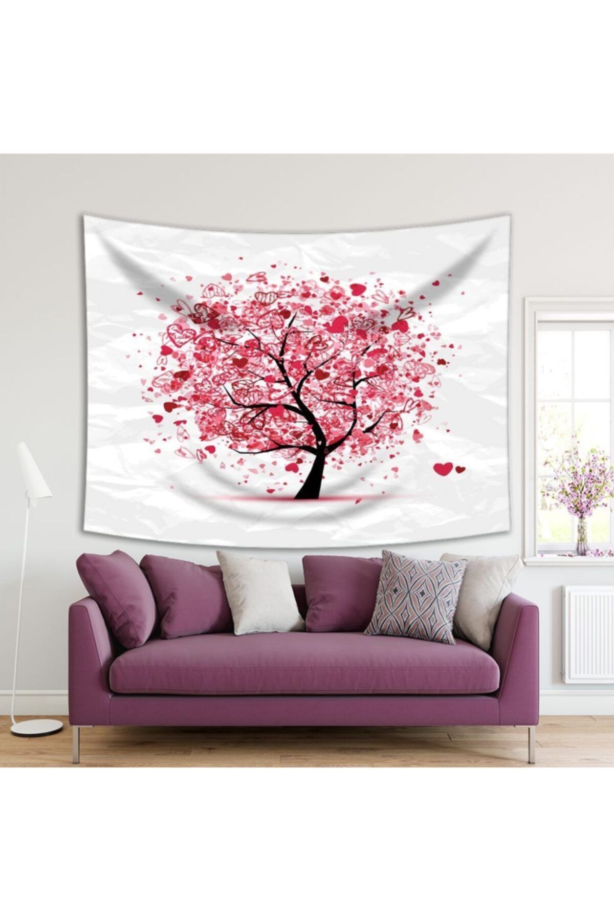 Henge Home Baskılı Duvar Örtüsü Kalp Ağaç Desenli Kırmızı Pembe