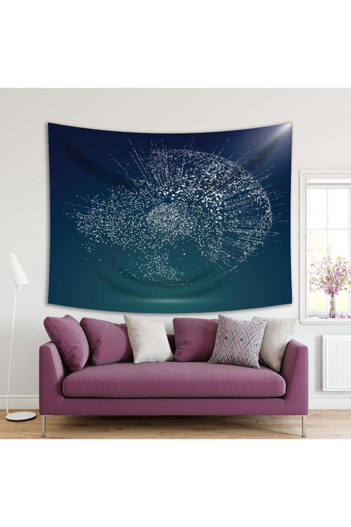 Henge Home Baskılı Duvar Örtüsü Geometrik Top Işıltılı Nokta Desenli Mavi
