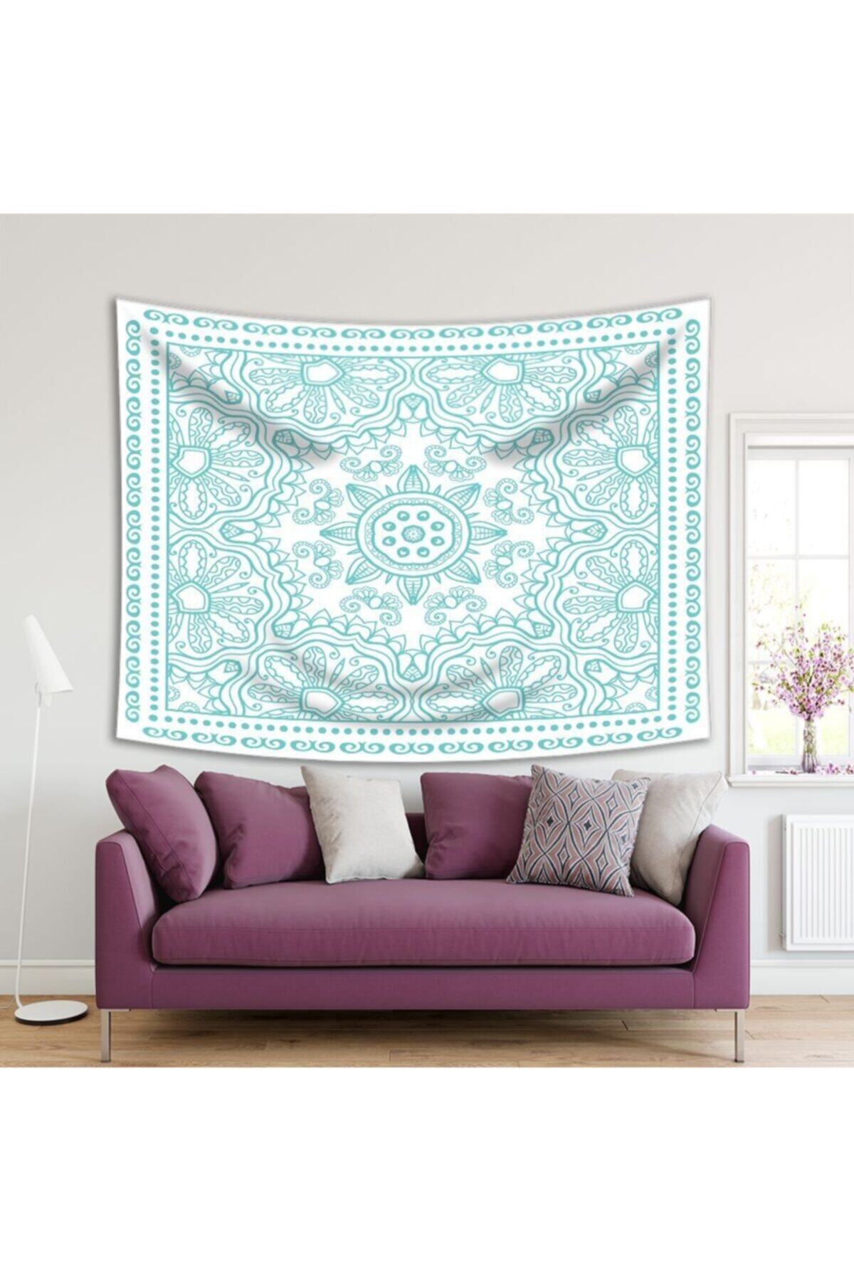 Henge Home Baskılı Duvar Örtüsü Dantel Mavi Çizgi Geometrik Desenli