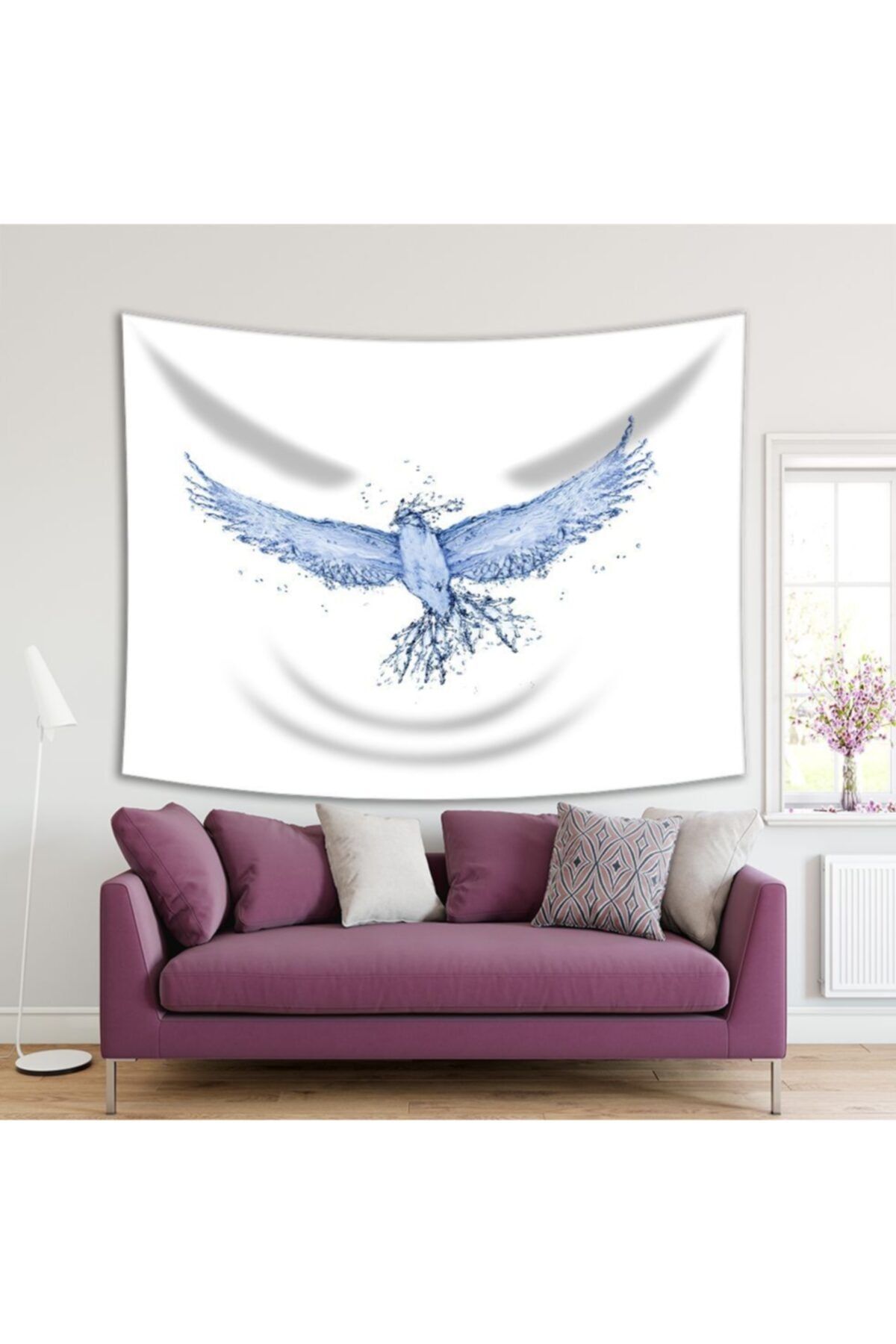 Henge Home Baskılı Duvar Örtüsü Su Hatlu Kuş Görsel Desenli