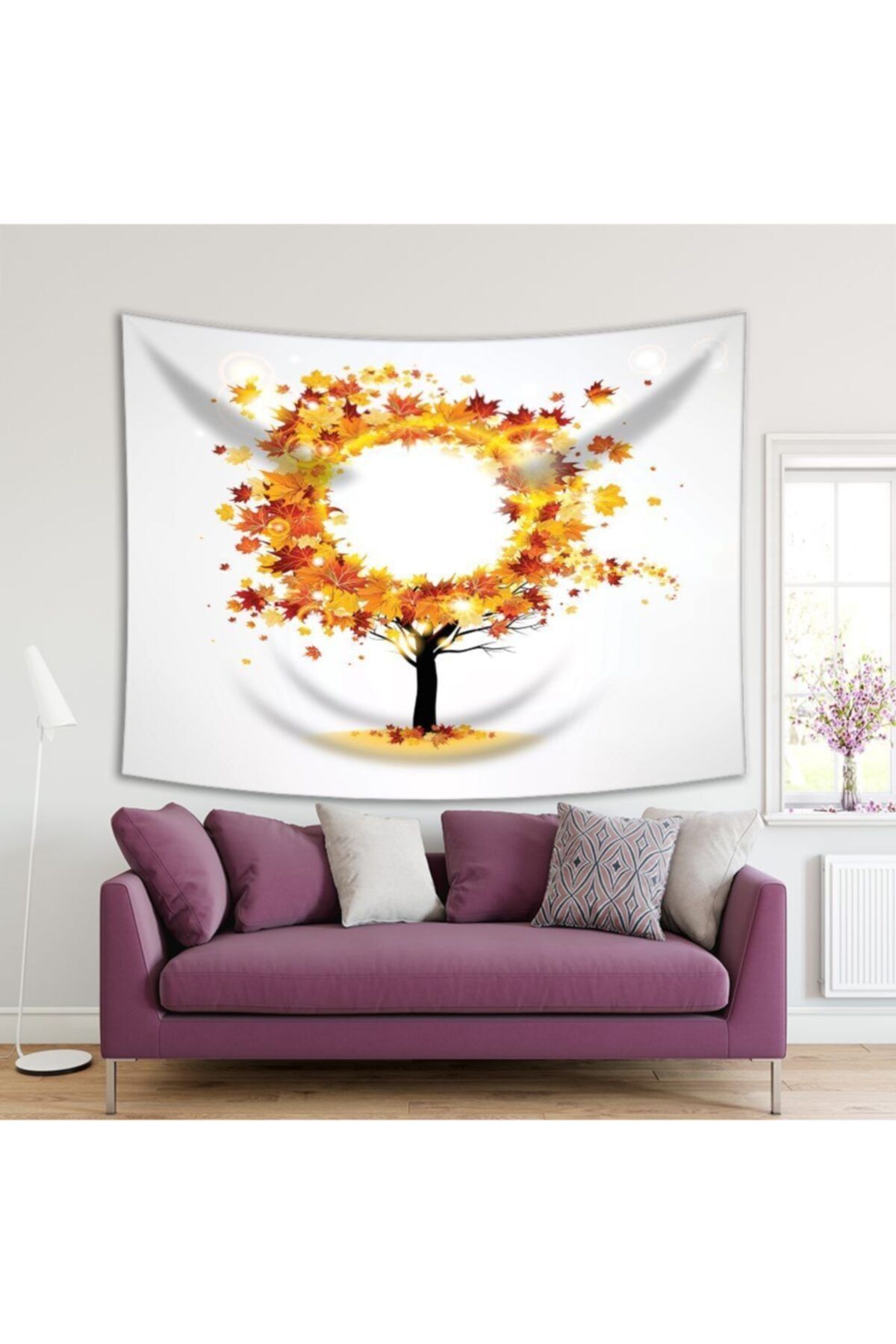 Henge Home Baskılı Duvar Örtüsü Uçan Yapraklı Sonbahar Ağaç Desenli