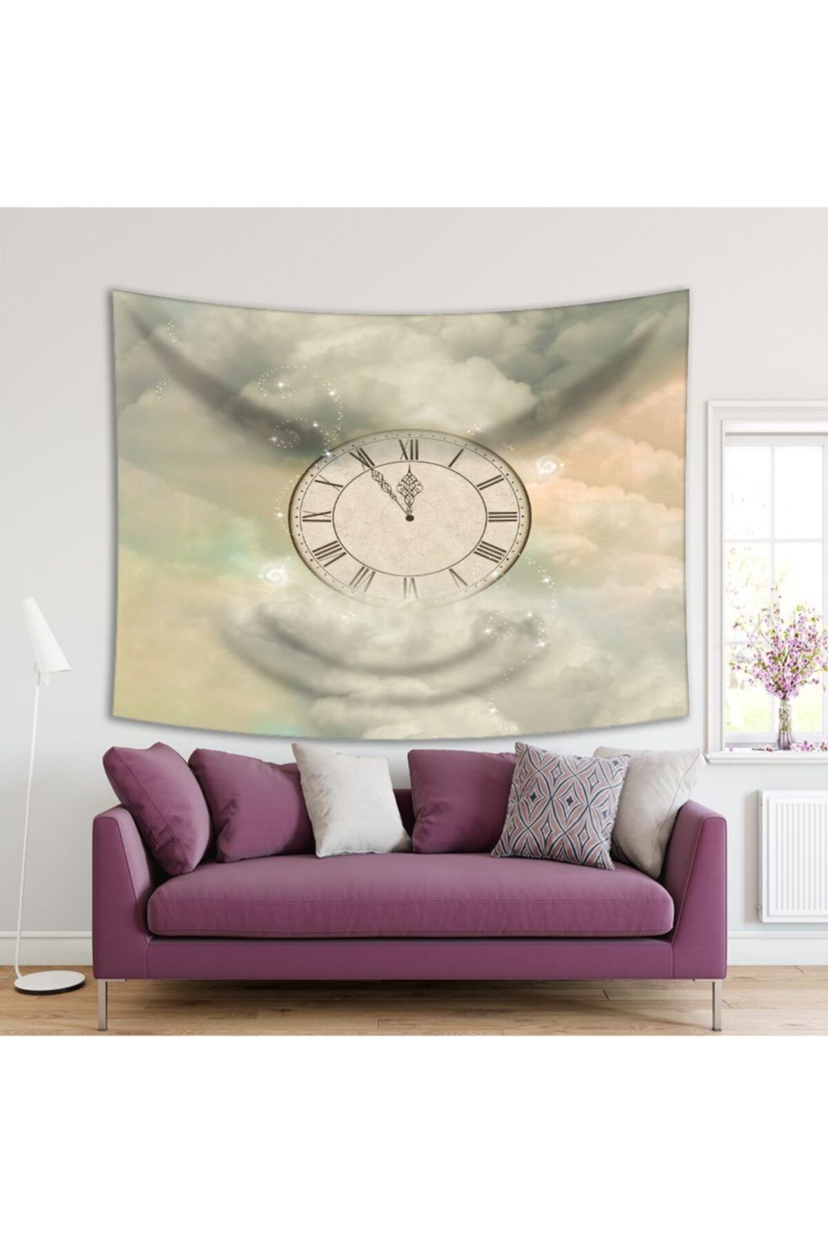 Henge Home Baskılı Duvar Örtüsü Bulut Işıltı Saat Desenli Krem