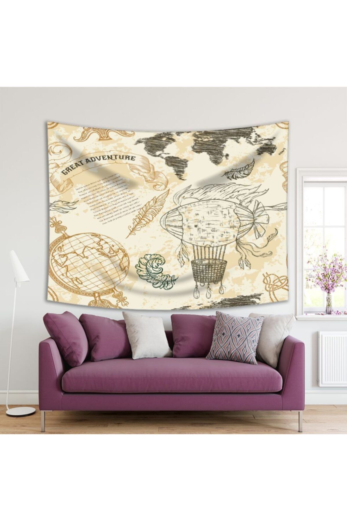 Henge Home Baskılı Duvar Örtüsü Soyut Vintage Dünya Harita Desenli Sarı