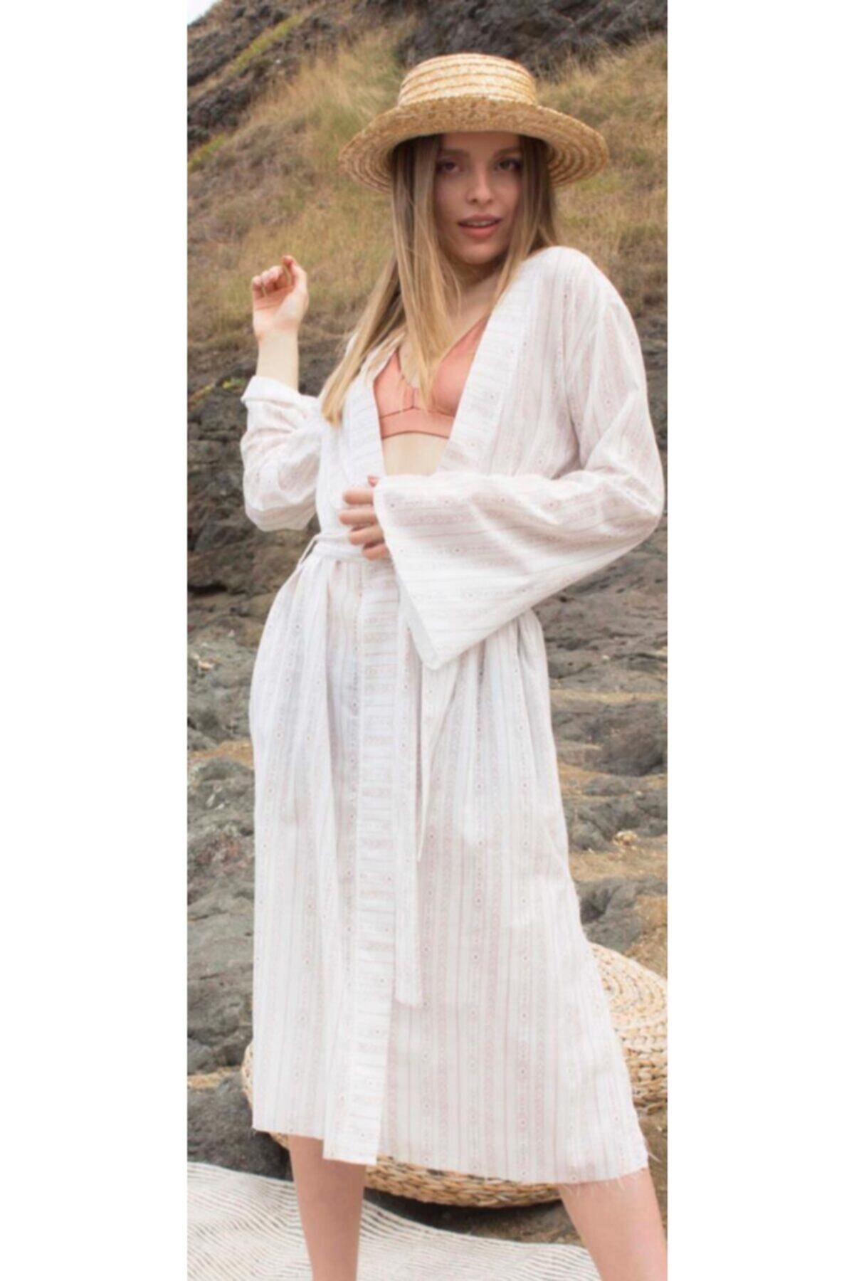 LYN HOME & DECOR Etnik Pembe Desenli Bohem Kimono