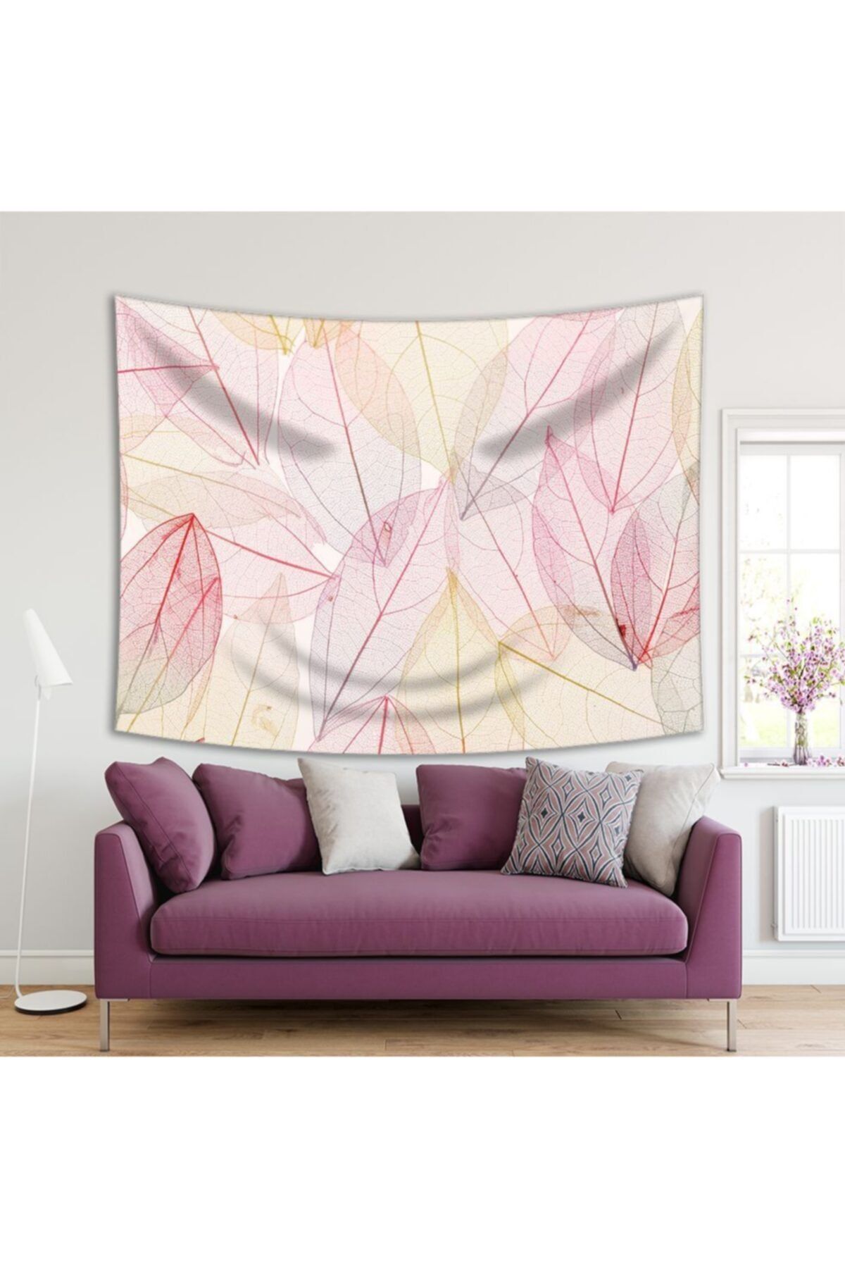 Henge Home Baskılı Duvar Örtüsü Pembe Rengi Tonları Ve Yaprak Desenli