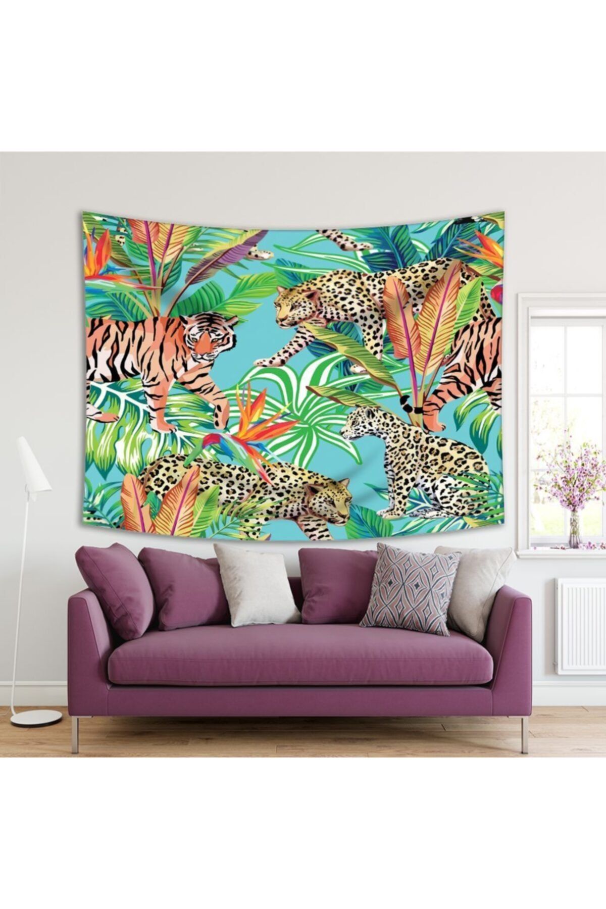 Henge Home Baskılı Duvar Örtüsü Palmiye Yaprakları Etkili Leopar Ve Kaplan Desenli