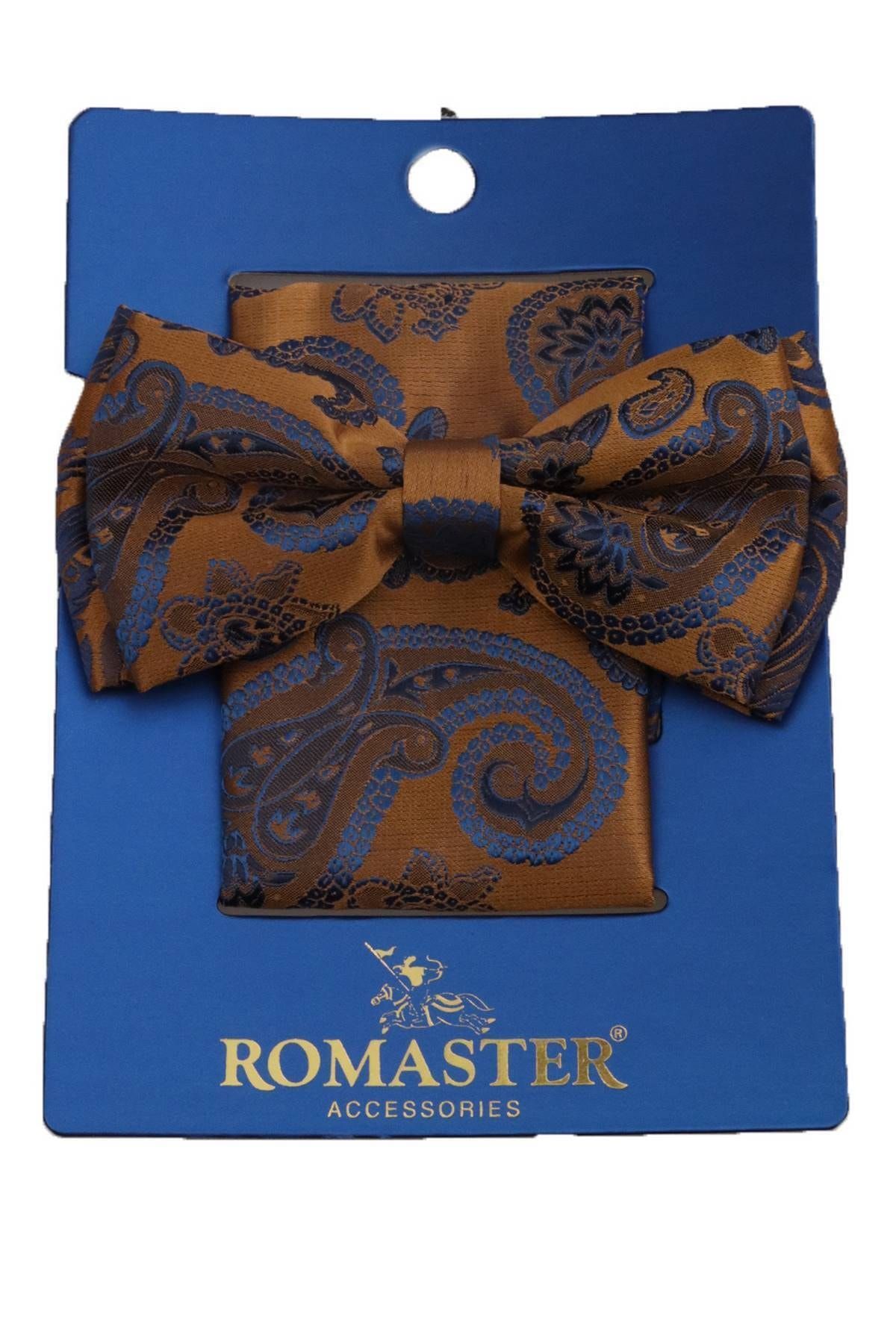 ROMASTER Hardal Renk Şal Desenli Mendilli Papyon