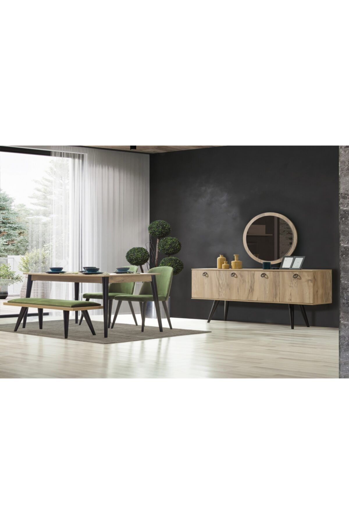 Bersemo Mobilya Premium Kahverengi  Masa Konsol 2 Sandalye Ve Bench Takımı