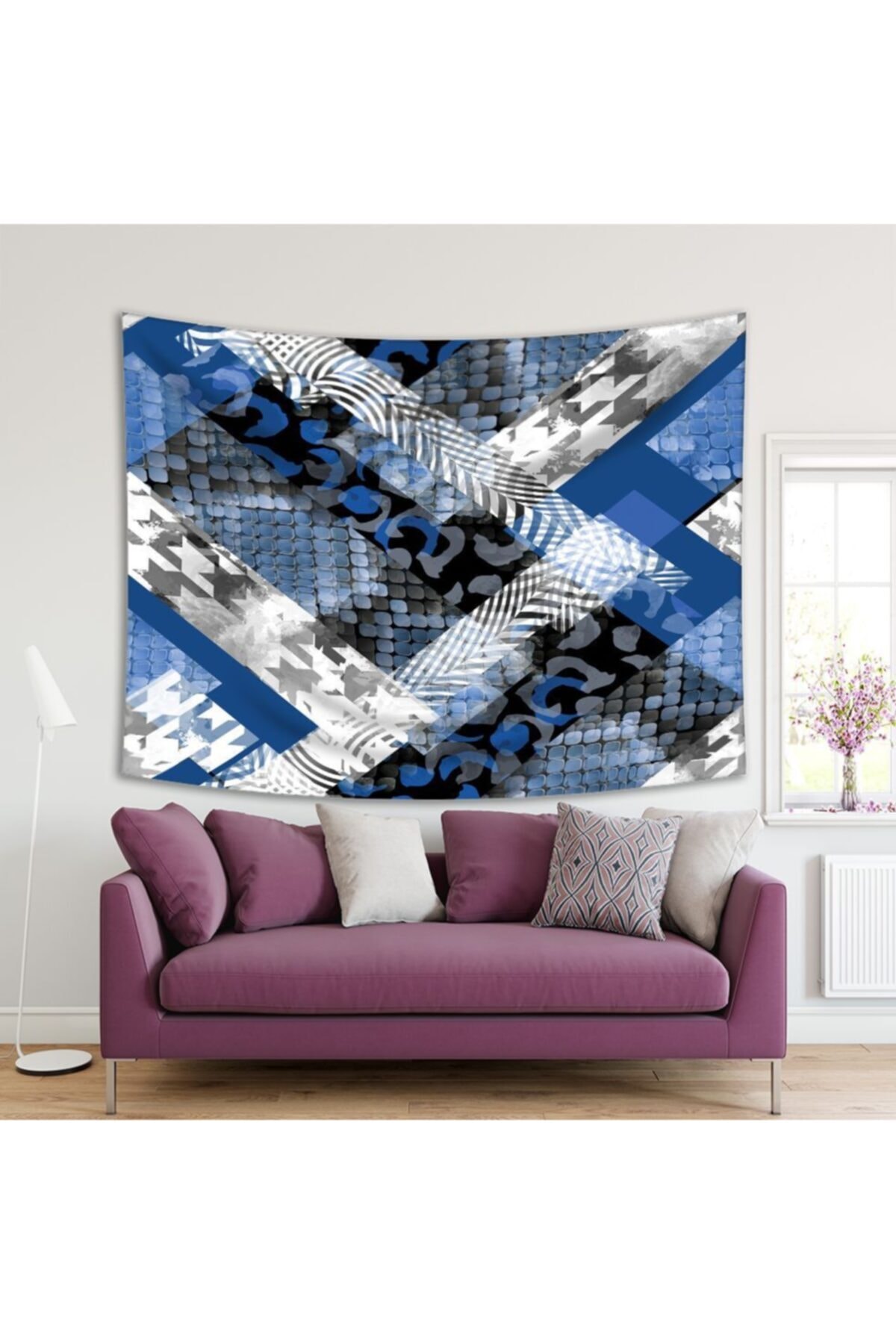 Henge Home Baskılı Duvar Örtüsü Siyah Mavi Yılan Leopar Geometrik Desenli