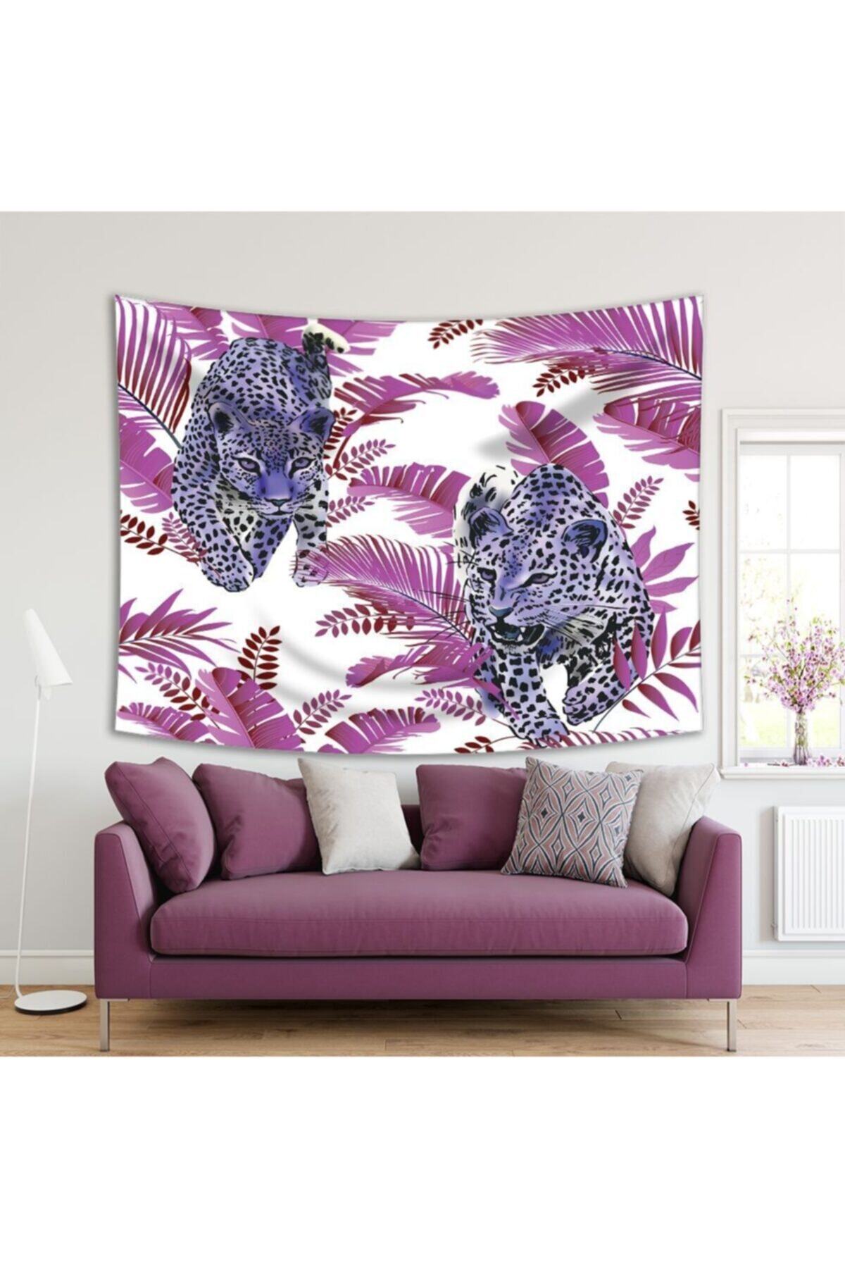 Henge Home Baskılı Duvar Örtüsü Lila Palmiye Yaprak Üzerine Mor Leopar Desenli