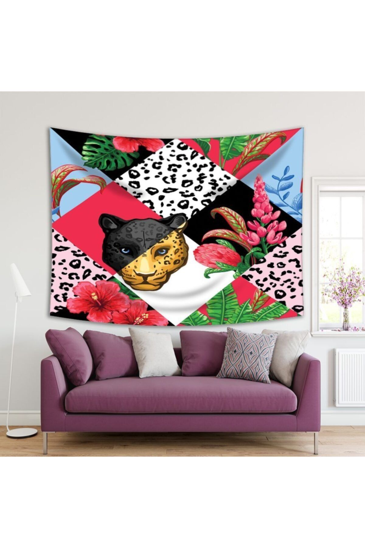 Henge Home Baskılı Duvar Örtüsü Ekose Etkili Leopar Çiçek Desenli