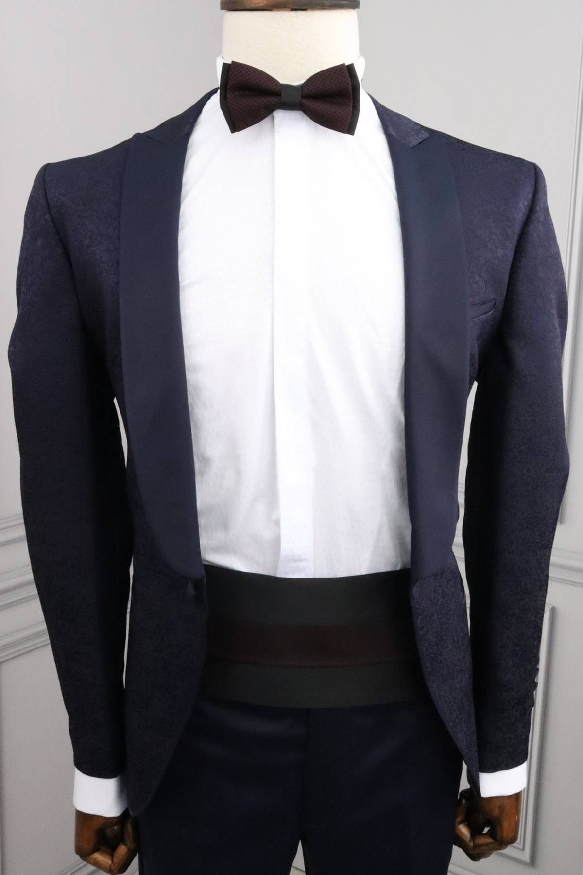 ROMASTER Kahverengi Renk Mendil Papyon Kuşak Damat Set