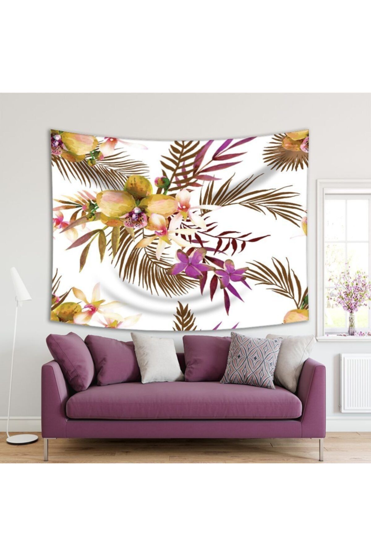 Henge Home Baskılı Duvar Örtüsü Soft Tropik Yapraklar Üzerine Orkide Çiçekli Desenli