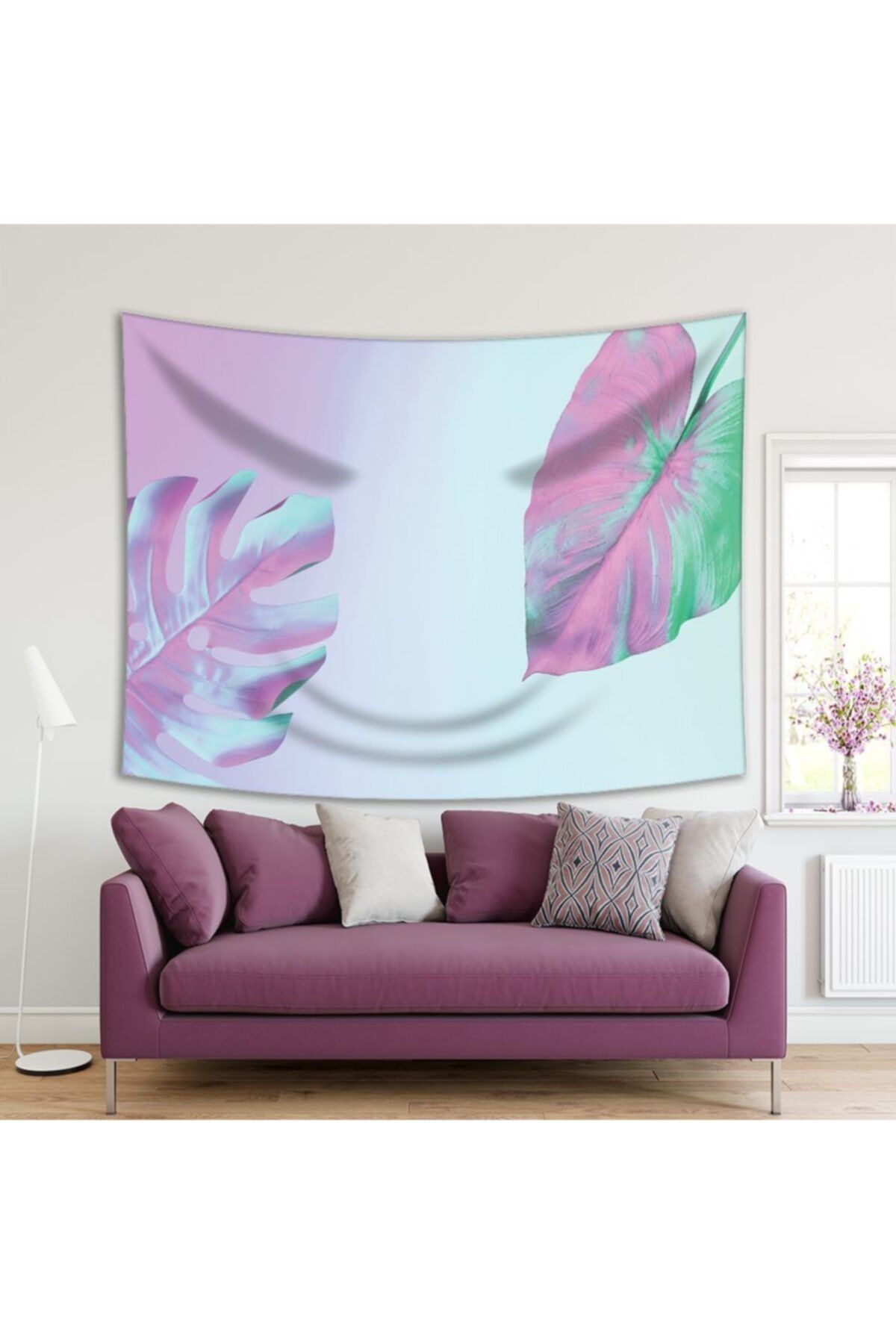 Henge Home Baskılı Duvar Örtüsü Holografik Neon Renkli Tropik Palmiye Yaprak Desenli