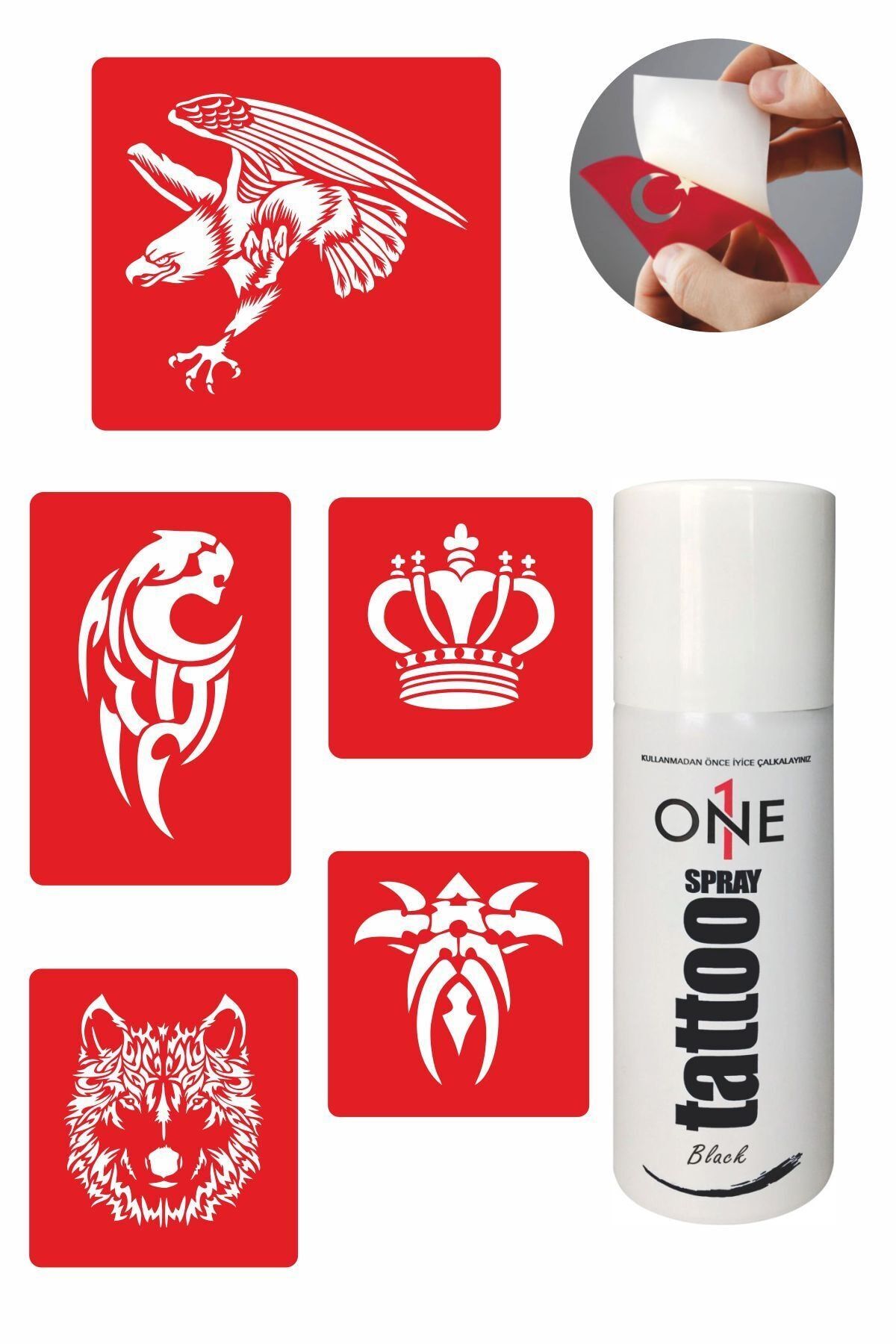 ONE SPRAY TATTOO Yalnız Kurt Dövme Seti Siyah Sprey Ve 5 Desen 7708415