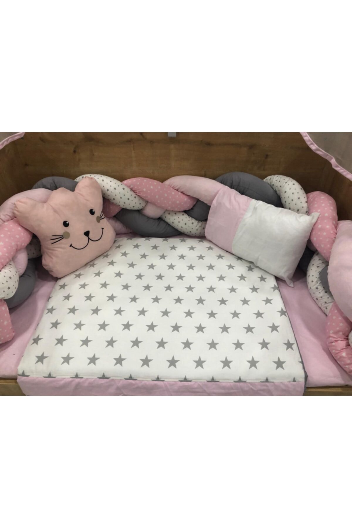 Mini Baby Örgülü Pembe Cibinlikli Beşik Bebek Uyku Seti 70x130