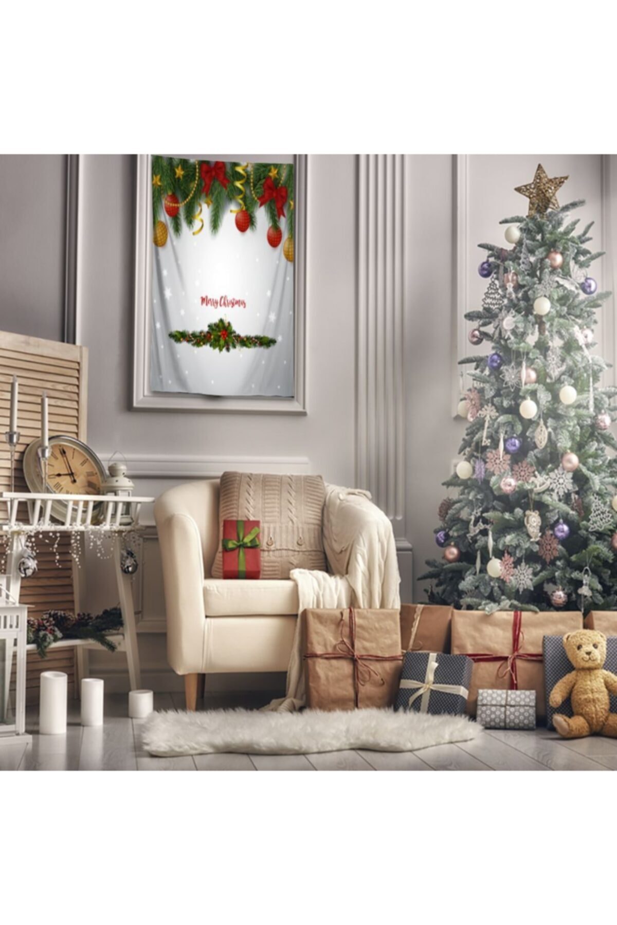 Henge Home Baskılı Duvar Örtüsü Noel Köknar Dalları Yılbaşı Süsleri Kırmızı Sarı