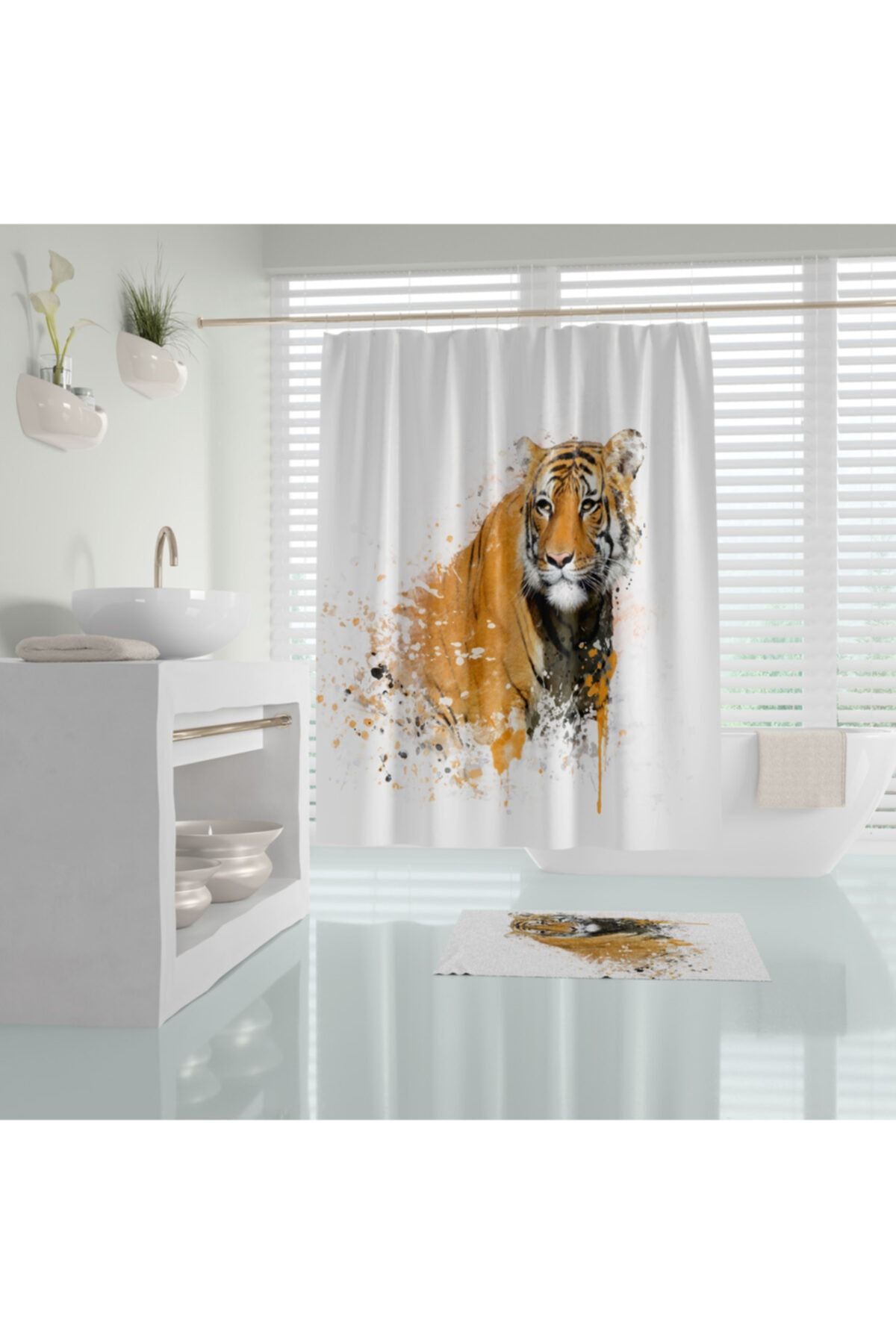 Tropikhome Banyo Perdesi Kaplan Desen Banyo Perdesi Tek Kanat 180x200 Cm Duş Perdesi 12 C-halka Hediye