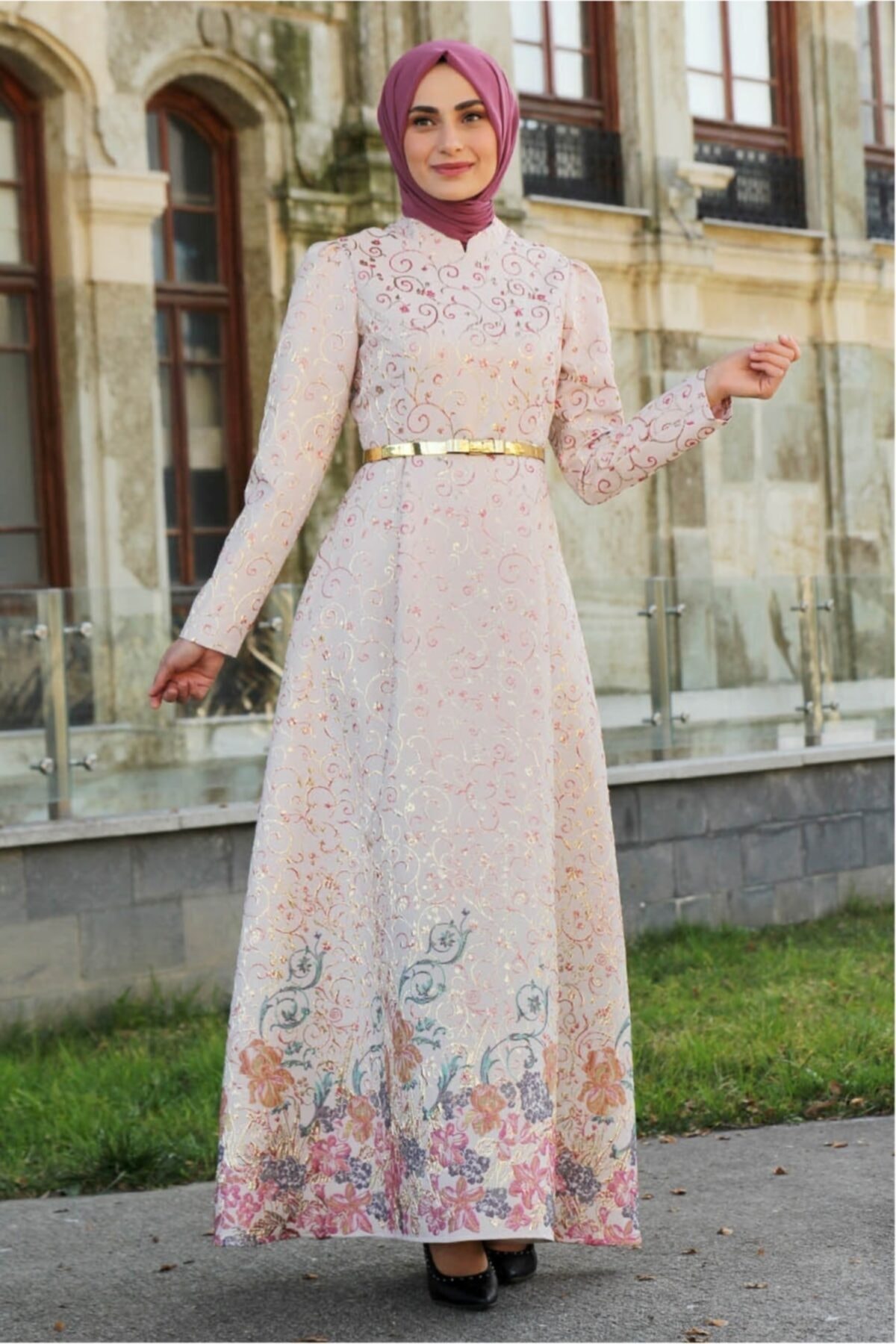 Feiza Collection Kadın Pileli Brokar Kumaş Tesettür Abiye Elbise