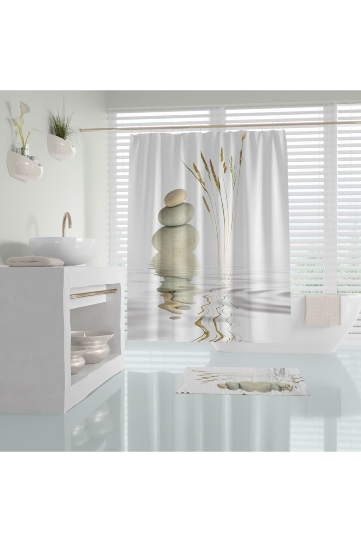 Tropikhome Taş Desenli Dijital Baskılı Solma Yapmaz Su Geçirmez Polyester Kumaş Banyo Perdesi C-halka Hediyeli