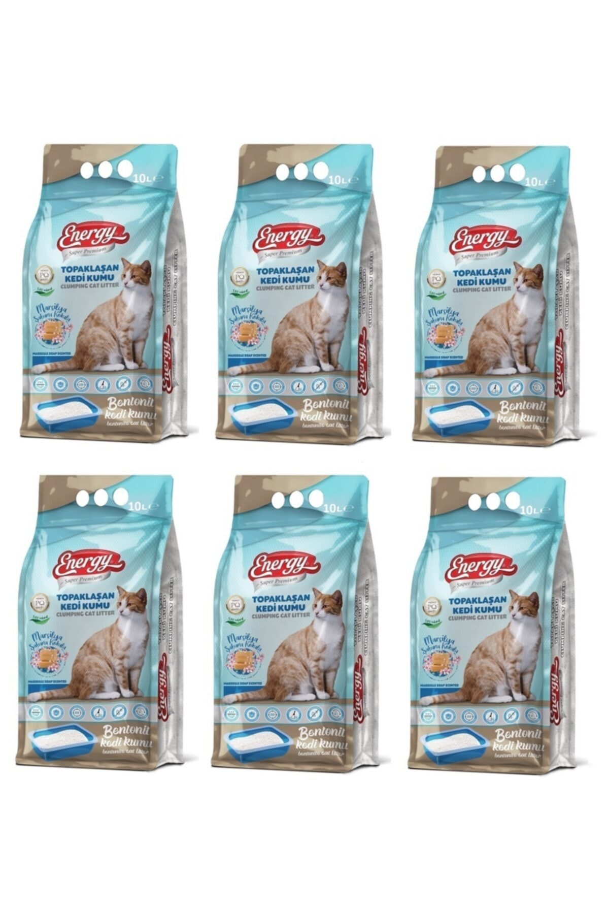 Energy Bentonit Kedi Kumu Marsilya Sabunu Kokulu 10 Lt - 6 Paket - Toplam 60 Lt