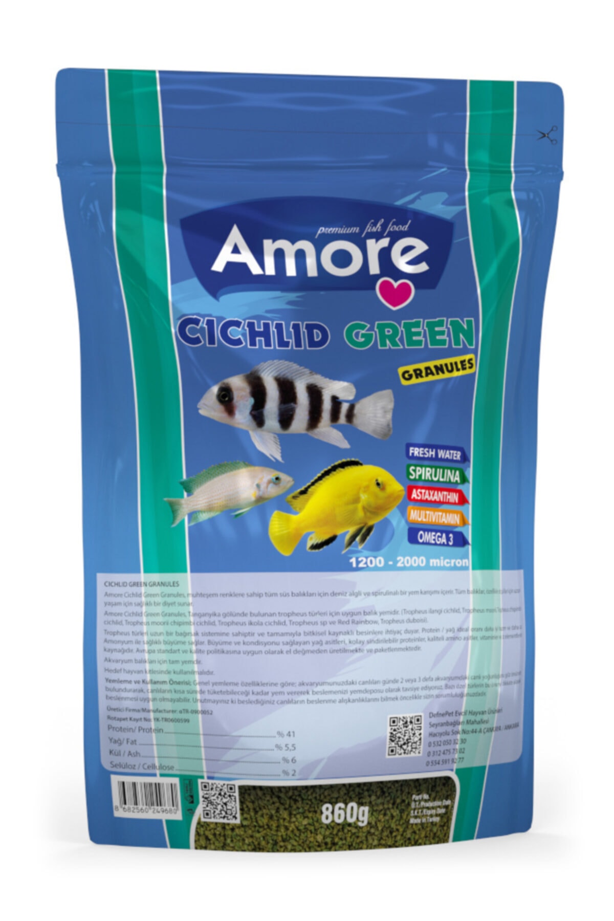 AMORE Cichlid Green Granules Malawi Amerikan Tanganyika Ciklet Bitkisel 860 G Spirulina Balık Yemi