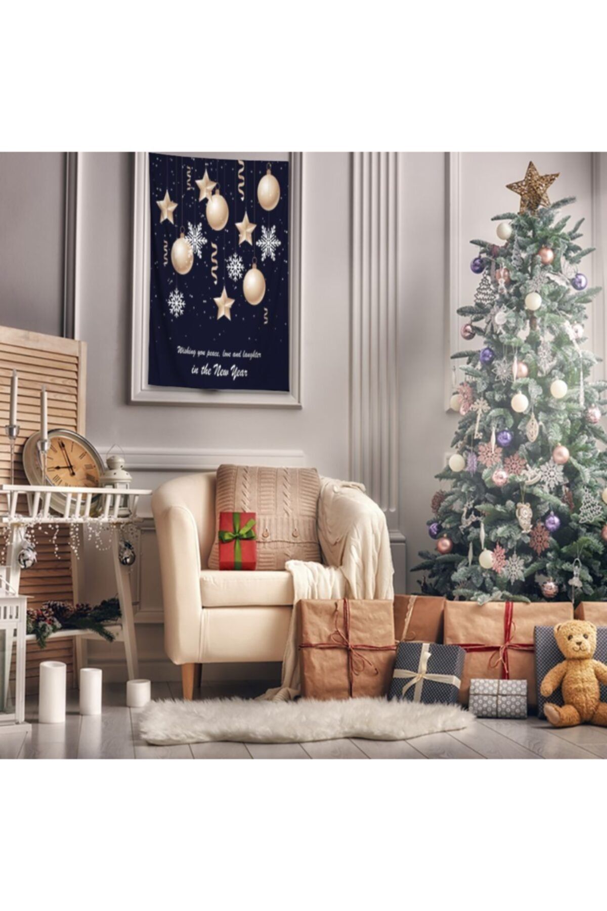 Henge Home Baskılı Duvar Örtüsü Altın Yılbaşı Noel Süsleri ile İyi Dilekler Laci Zeminli