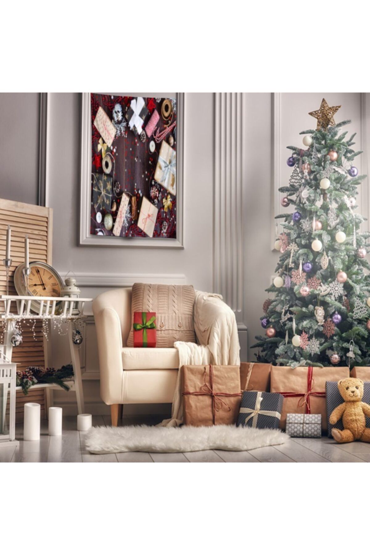 Henge Home Baskılı Duvar Örtüsü Kırmızı Noel Yılbaşı Süsleri Parlak Yıldız Çerçeveli