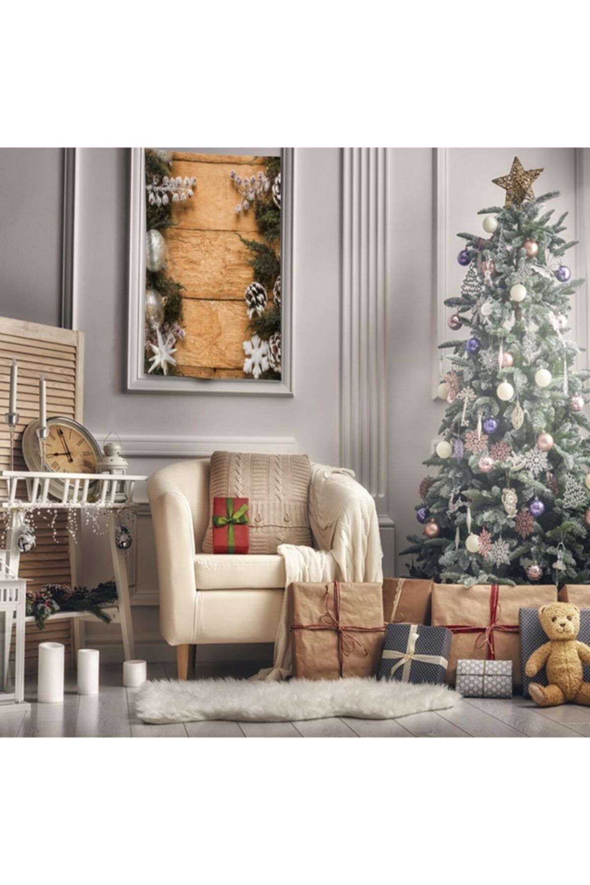 Henge Home Baskılı Duvar Örtüsü Beyaz Kar Taneli Noel Süsleri Çam Kozalaklı Ahşap