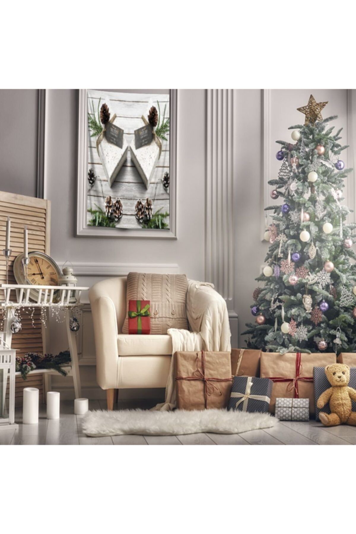 Henge Home Baskılı Duvar Örtüsü Beyaz Ahşap Kozalaklı Noel Hediye Paketleri