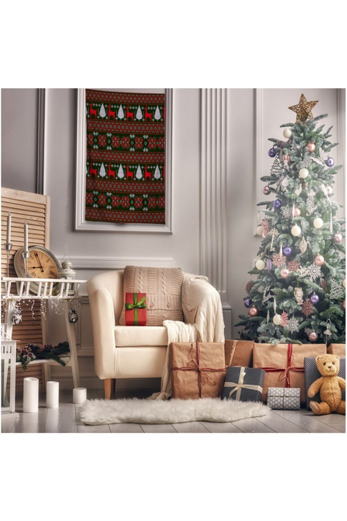 Henge Home Baskılı Duvar Örtüsü Yılbaşı Noel Küçük Örgülü Yeşil Üzerine Kırmızı Beyaz