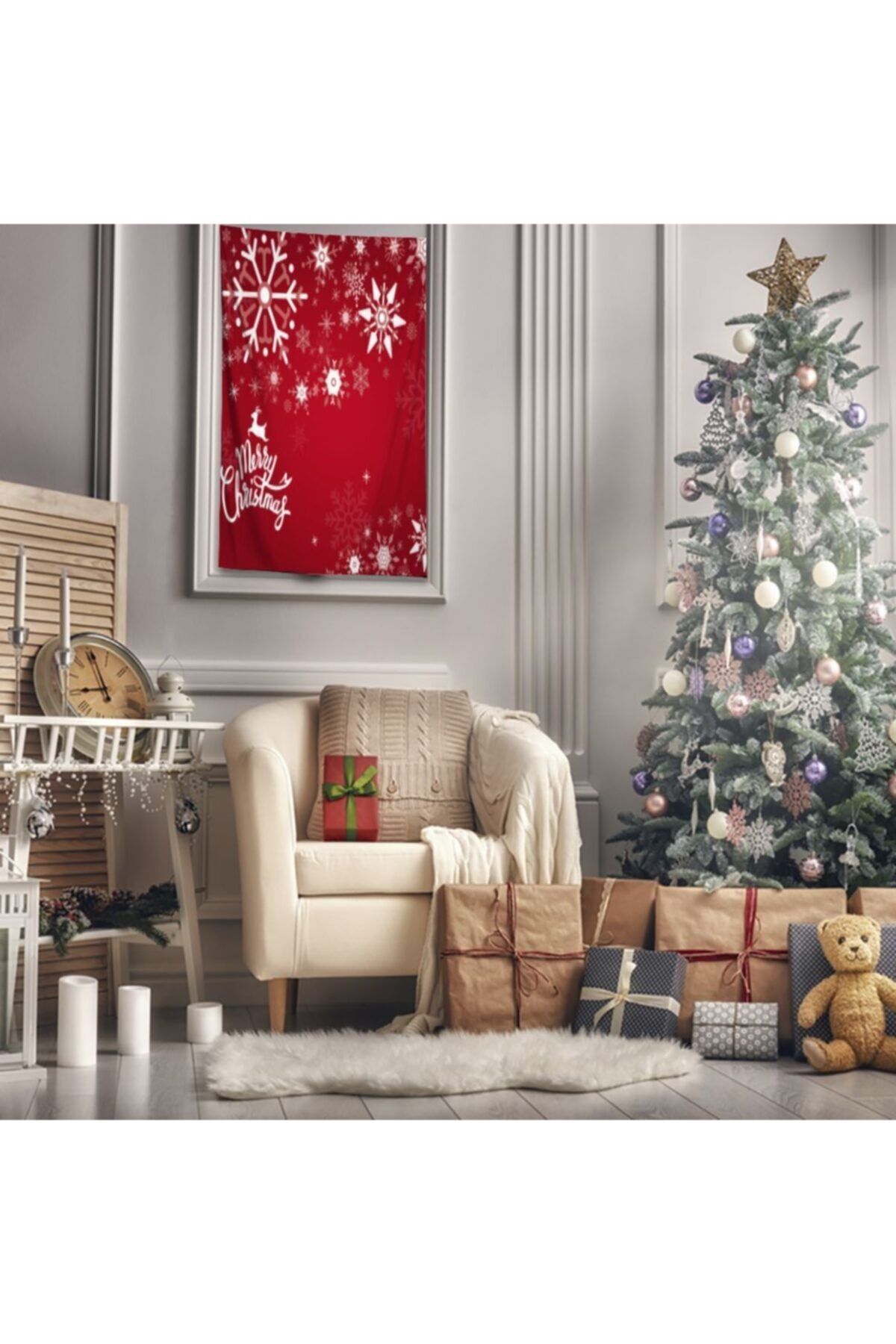 Henge Home Baskılı Duvar Örtüsü Mutlu Noeller Kırmızı Büyük Kar Taneli Geyikli