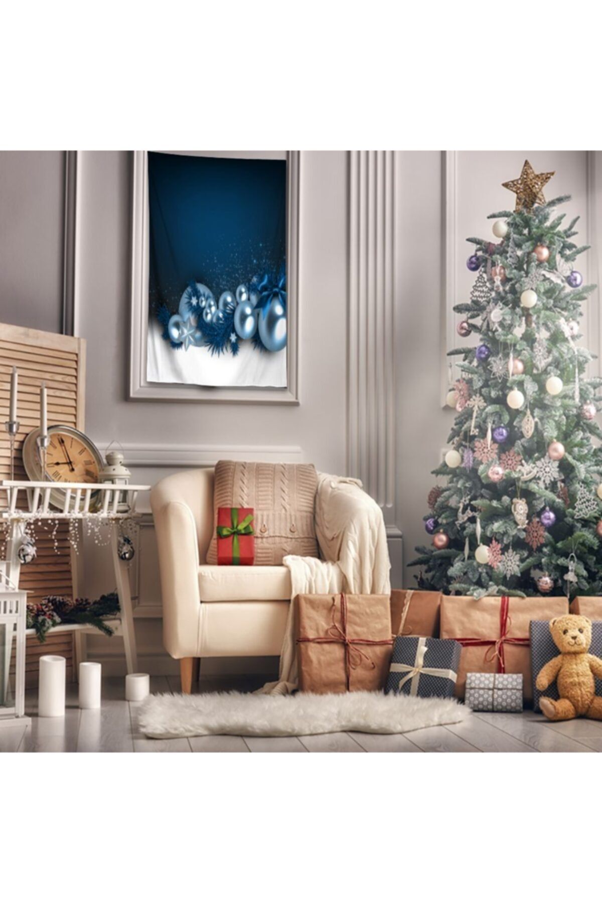 Henge Home Baskılı Duvar Örtüsü Noel Topları Yılbaşı Süsleri Çam Dalları Mavi Laci