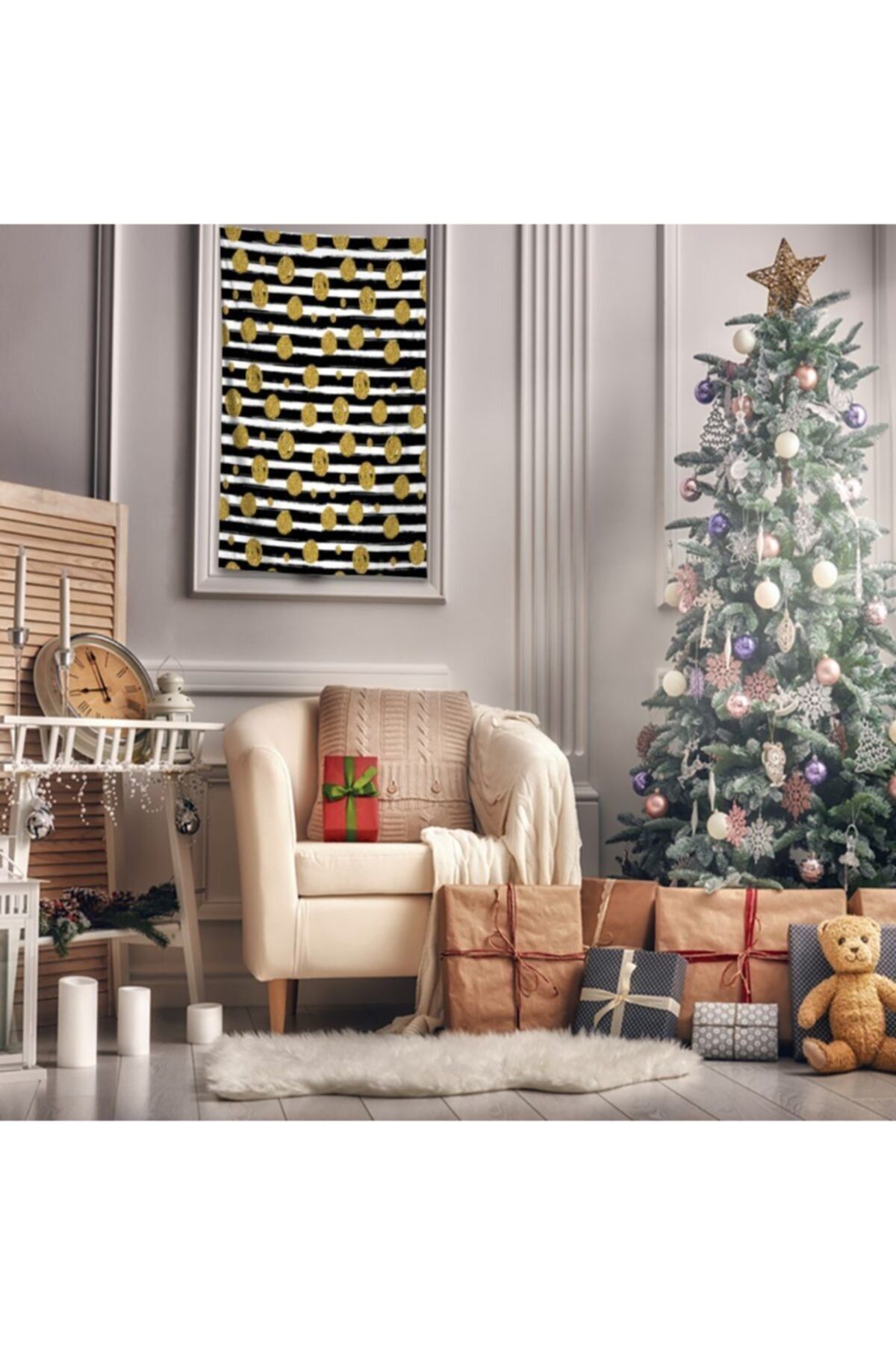 Henge Home Baskılı Duvar Örtüsü Noel Siyah Fıça İzleri ile Çizgiler Altın Puantiye