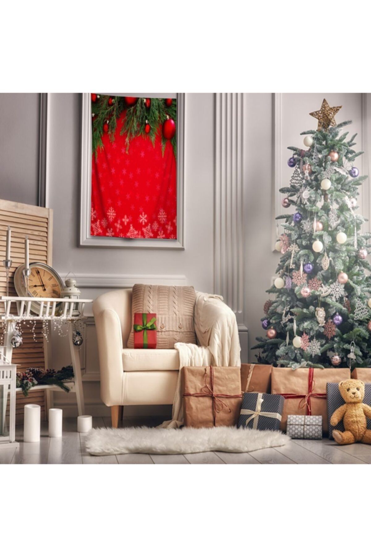 Henge Home Baskılı Duvar Örtüsü Noel Süsleri ile Yeniyıl Kartaneleri Kırmızı Renkli