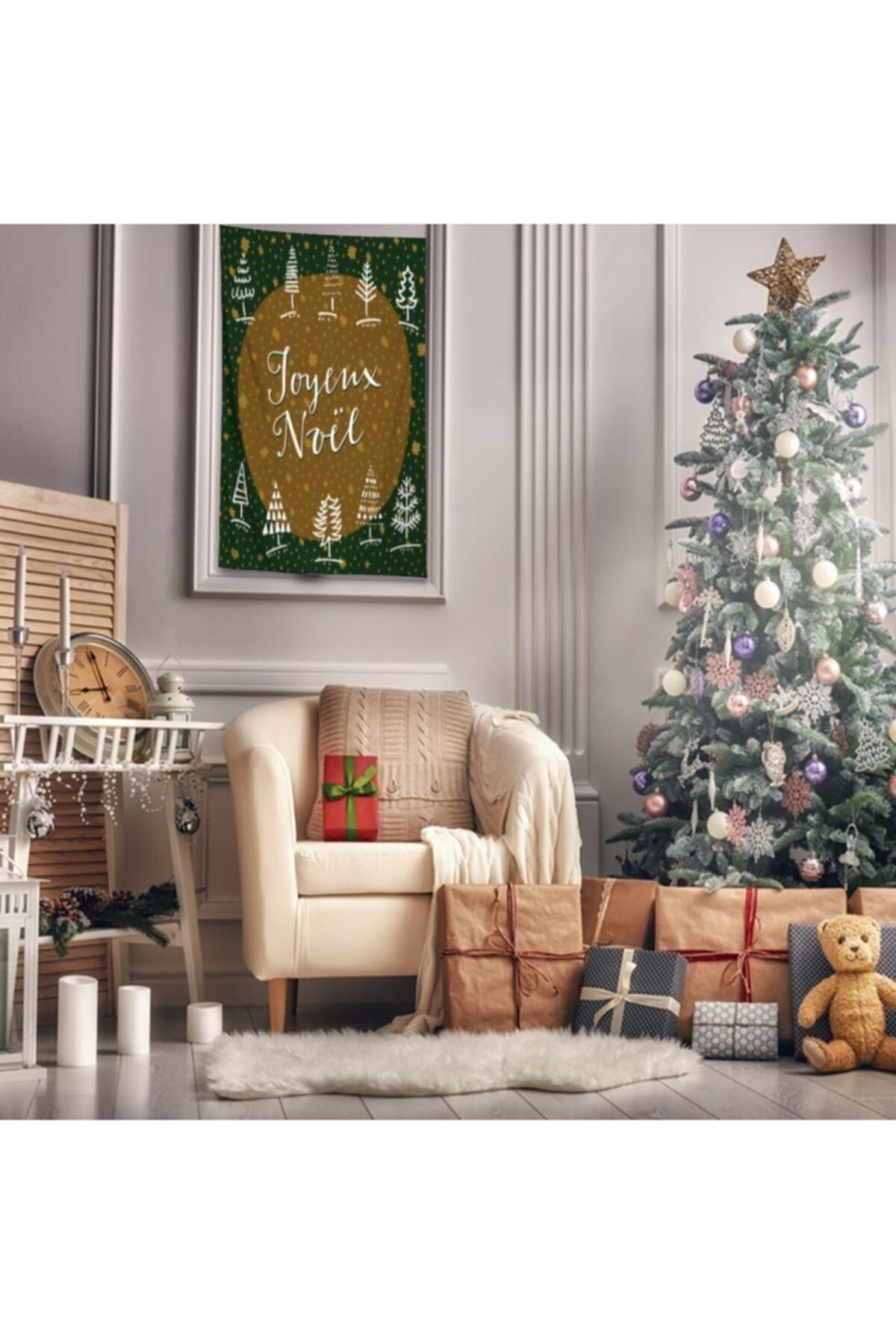 Henge Home Baskılı Duvar Örtüsü Yılbaşı Hediye Noel Ağaç İle Yeşil Hardal Renkli
