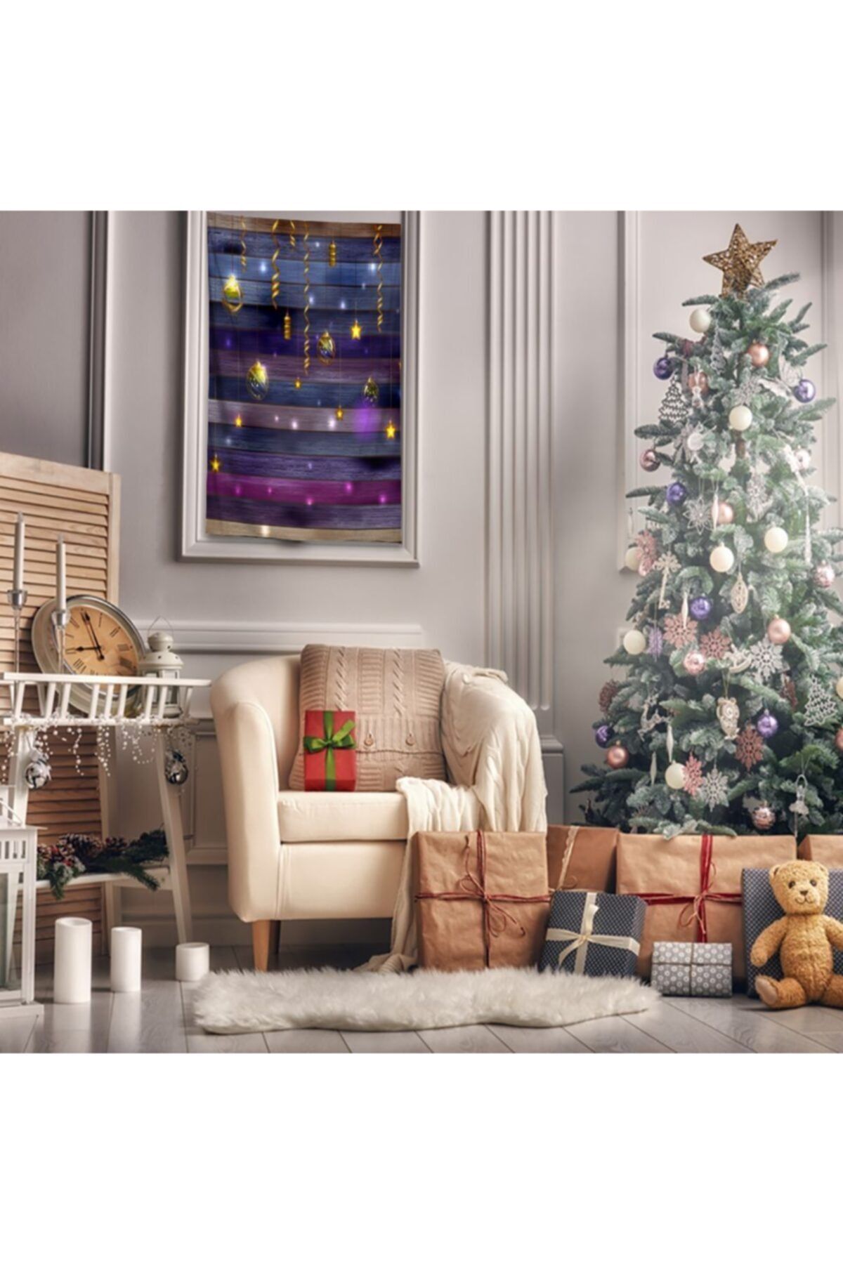 Henge Home Baskılı Duvar Örtüsü Ahşap Desenli Noel Süsleri Yeniyıl Temalı Mavi