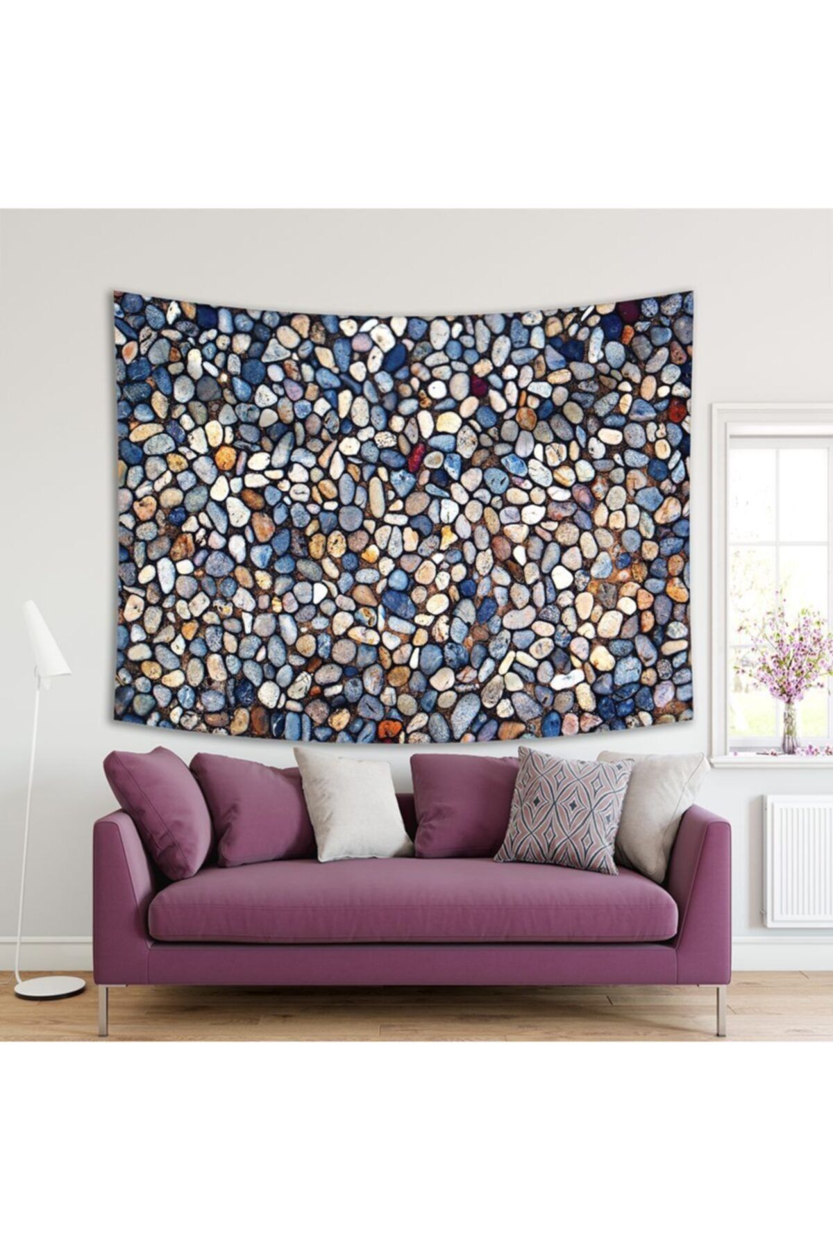 Henge Home Baskılı Duvar Örtüsü Ufaklı Mavi Sarı ve Gri Renkli Doğal Taş Desenli