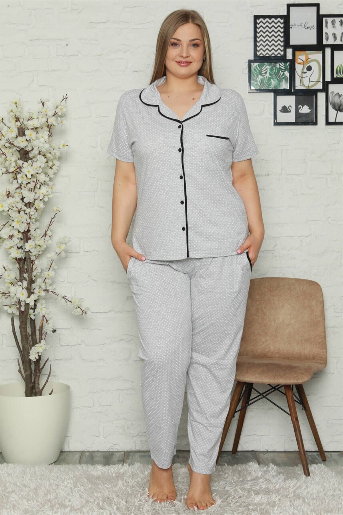 Akbeniz Kadın Gri Pamuklu Cepli Kısa Kol Büyük Beden Pijama Takım 202067