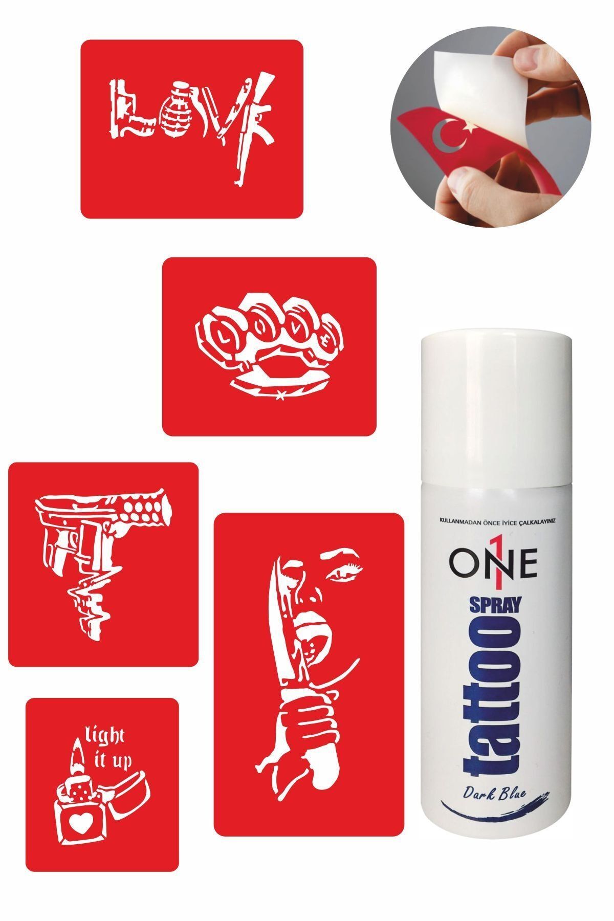 ONE SPRAY TATTOO Barış Mutluluktur Dövme Seti Dark Blue Sprey Ve 5 Desen 7710825