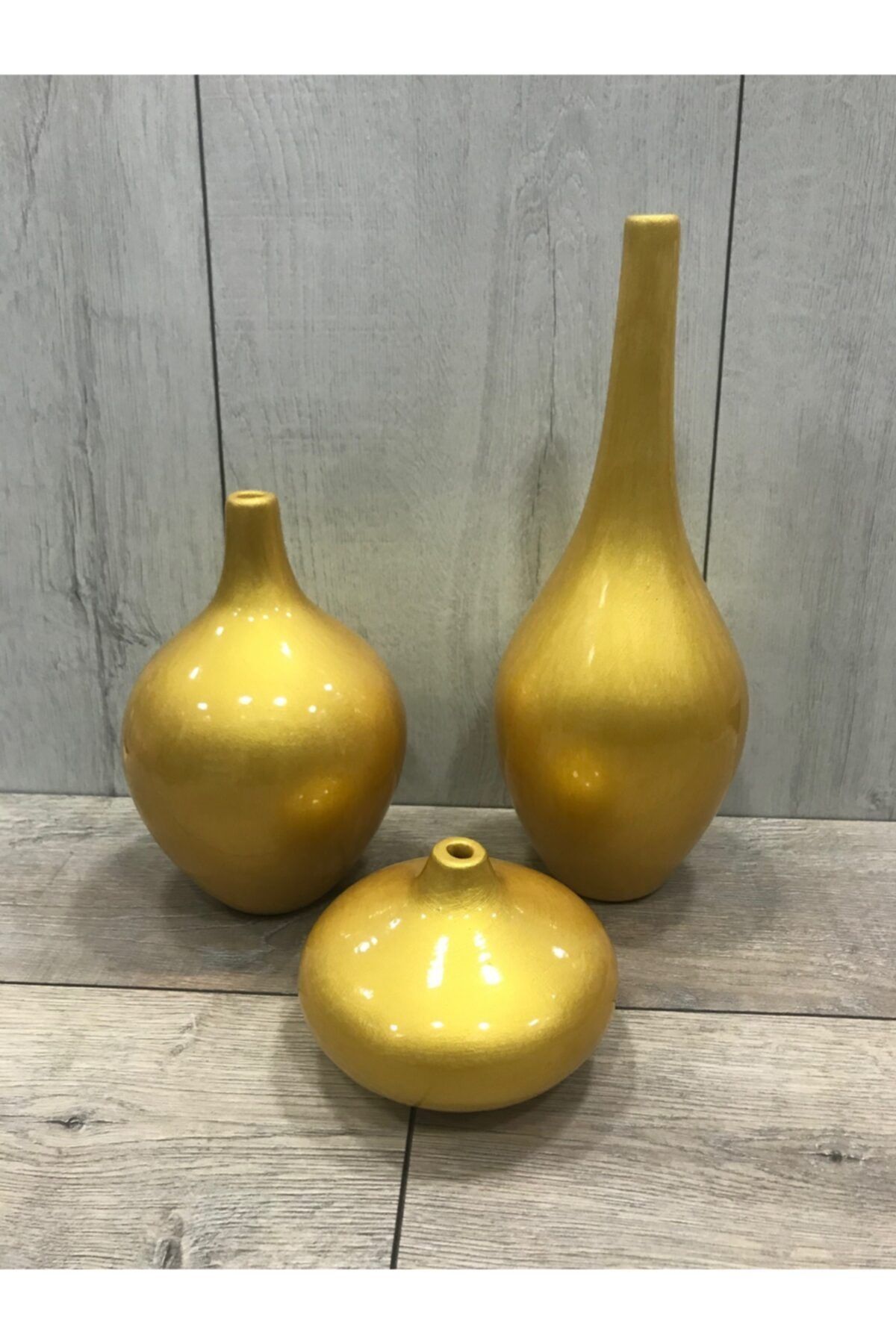 Dilek Altın Gold 3lü Dekoratif Şişe Vazo Seramik Luxury