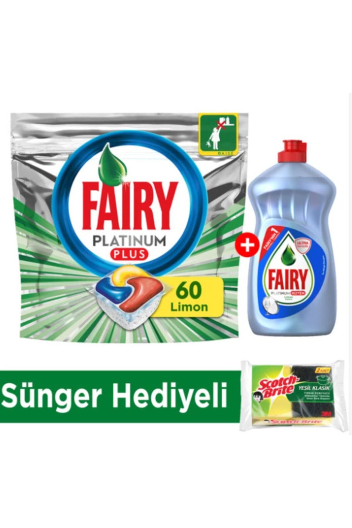 Fairy Platinum Plus 60 Yıkama Bulaşık Makinesi Kapsülü+500ml Sıvı Hijyen+sünger