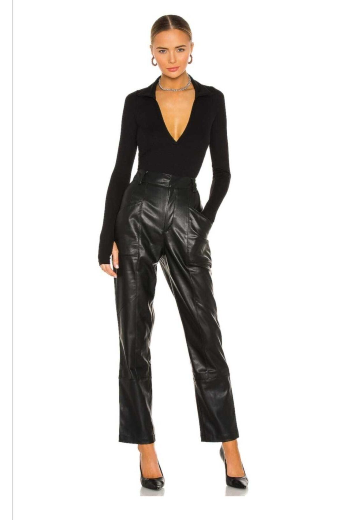 by eymen design Kadın Parmak Geçmeli V Yaka Ipek Jarse Bodysuit