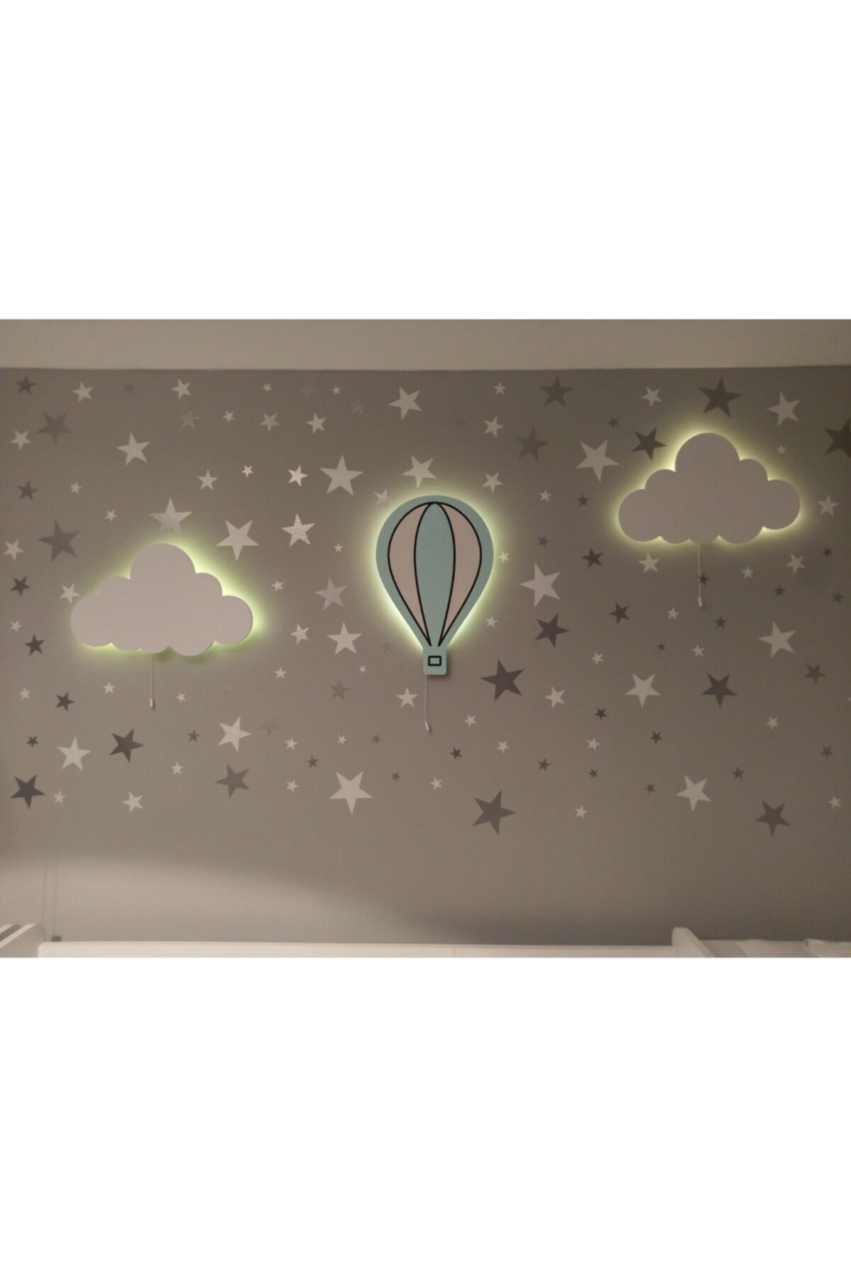 BugyBagy Balonlu 3lü Ahşap Lamba Duvar Aydınlatma Seti 100 Adet Beyaz Ve Gri Yıldız Sticker